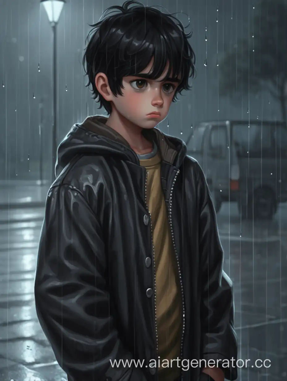 Печальный черноволосый мальчик под дождём