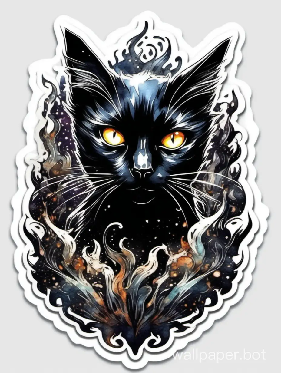 black cat, in half, high contrast, explosive watercolor ,  night ornate, detailed illustration, octane render, street art, sticker style, white background