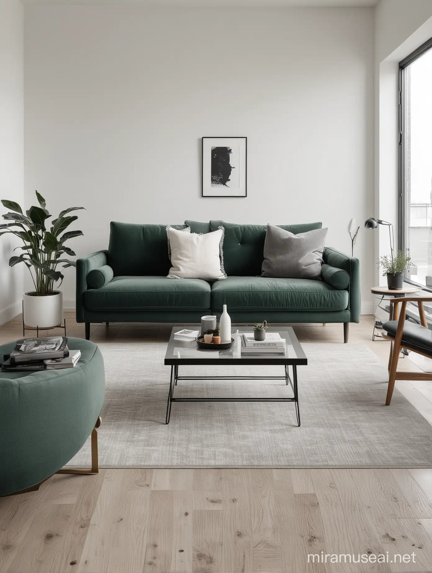 A minimalist living room featuring an dark green couch, white walls, grey accents, and sleek, modern furniture. Include subtle textures and clean lines, emphasizing simplicity and elegance.