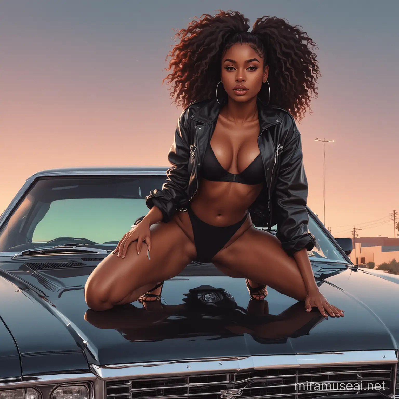 sexy black girl on car hood illustration
