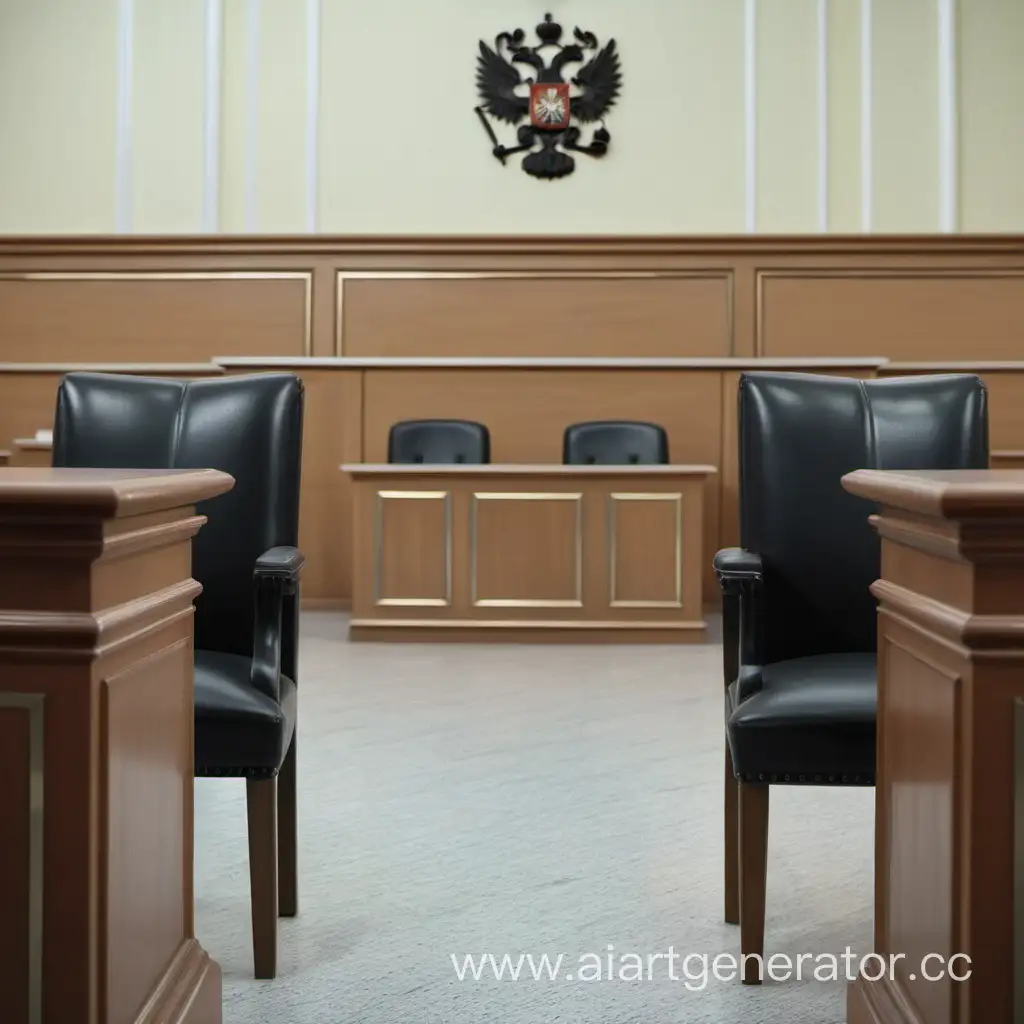 Зал суда, крупный план певернут на два стула где сидит адвокат и обвиняемый, без людей, россия
