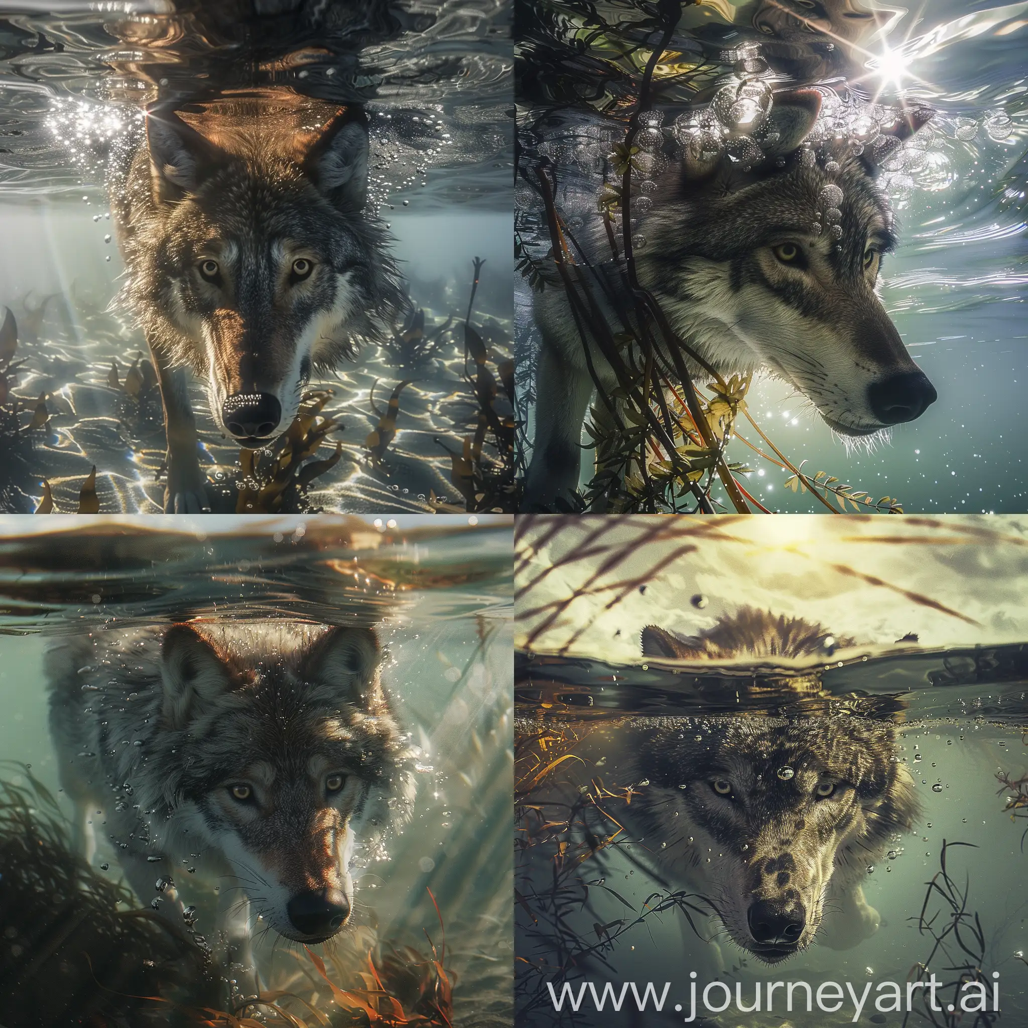 Photo-realistic wolf that looks under the water with its head just sticking out above the water, under the water it is crystal clear the sun is shining in the water making the water glisten in the water there are also some aquatic plants in the water, the photo was taken from bottom to top. ULTRA HD, PROFESSIONAL, 4K