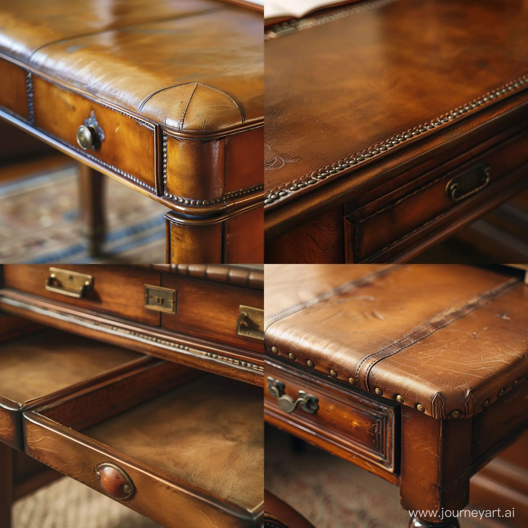 A close-up of a vintage leather writing desk, Vintage, Leather, Closeup, Desk, Classic, Furniture, Workspace, Blank Area, Antique, 
