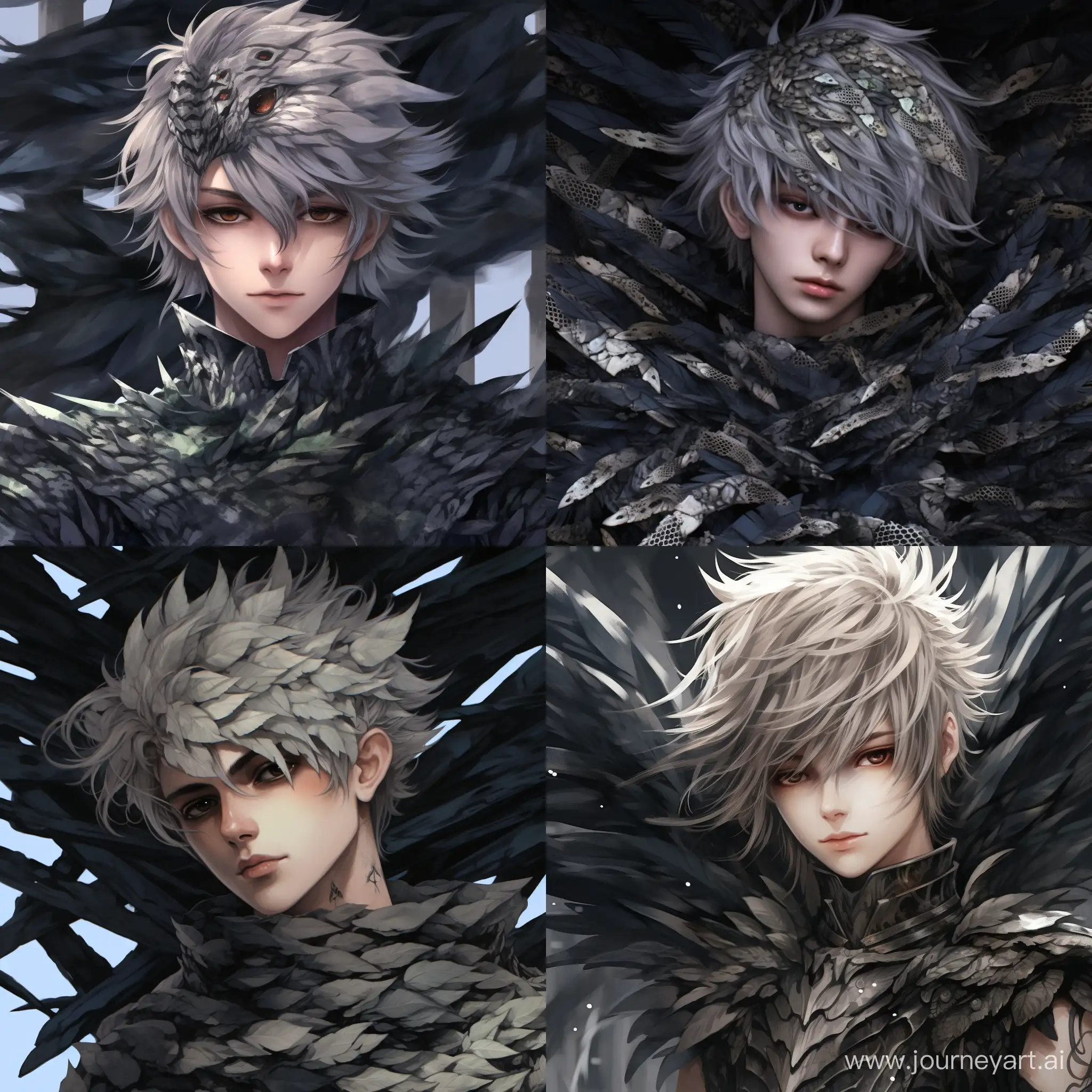 anime pretty boy with two-toned black and white feathers instead of hair, skin covered by pale reptilian scales
