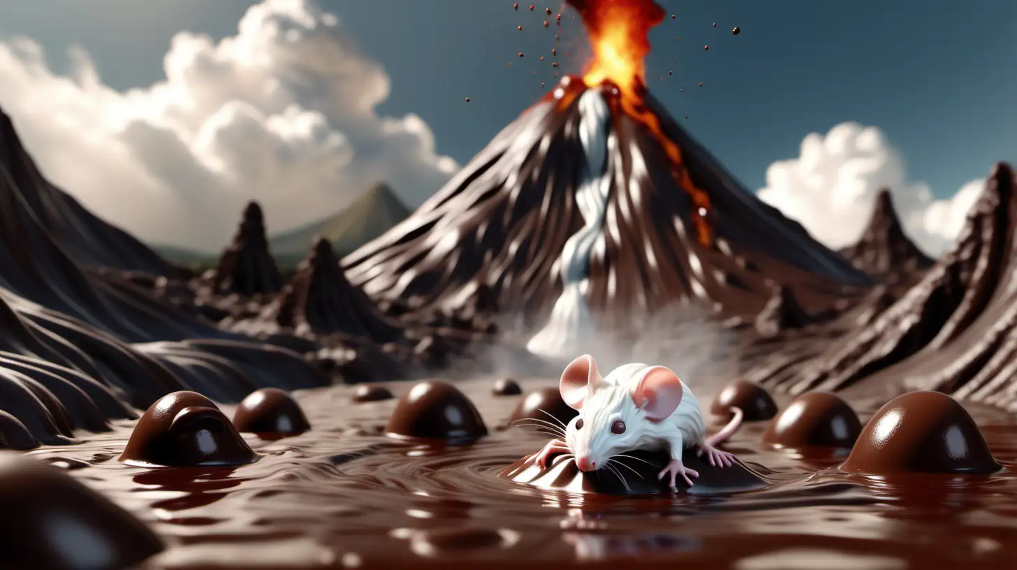 Flowing melted chocolate and a withe mice swimming in the stream. An erupting sugarlike volcano in the background. Photo realistic and a cinematic mood.
