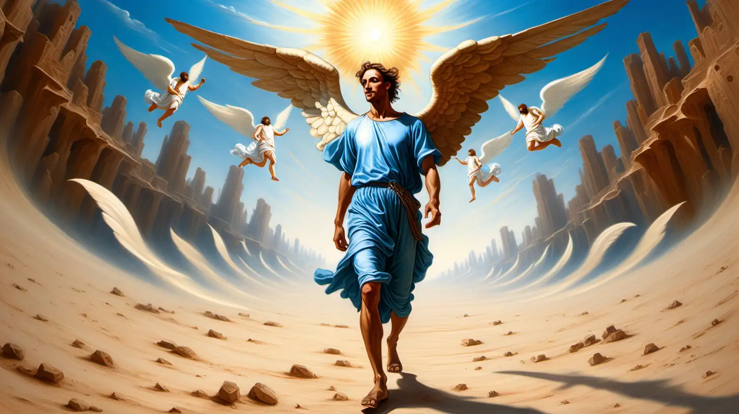 Renaissance Style Man Strolling in Desert Oasis with Soaring Angels under the Summer Sun