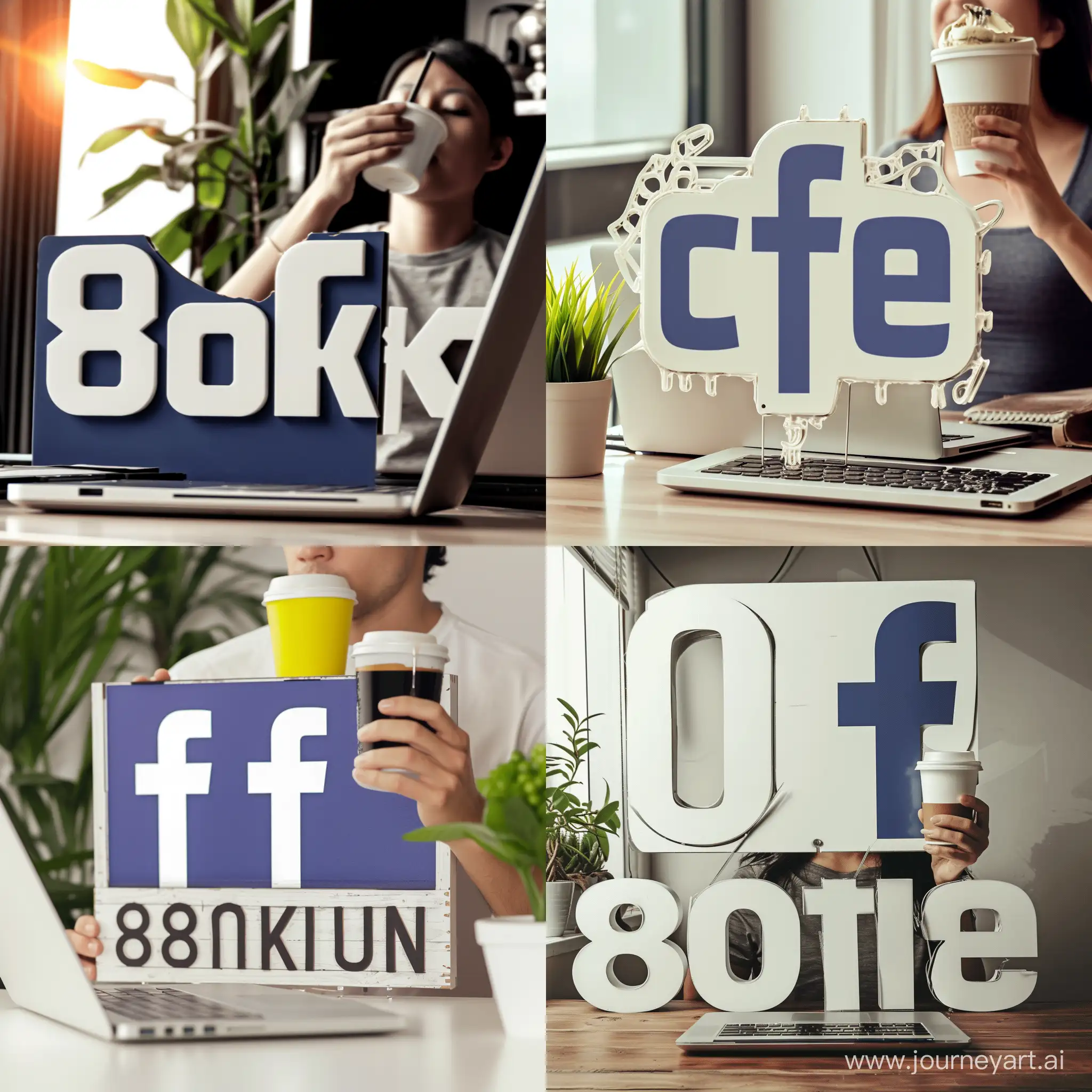 A person behind the Facebook sign sits in a desk with a laptop and sipping 8k coffee