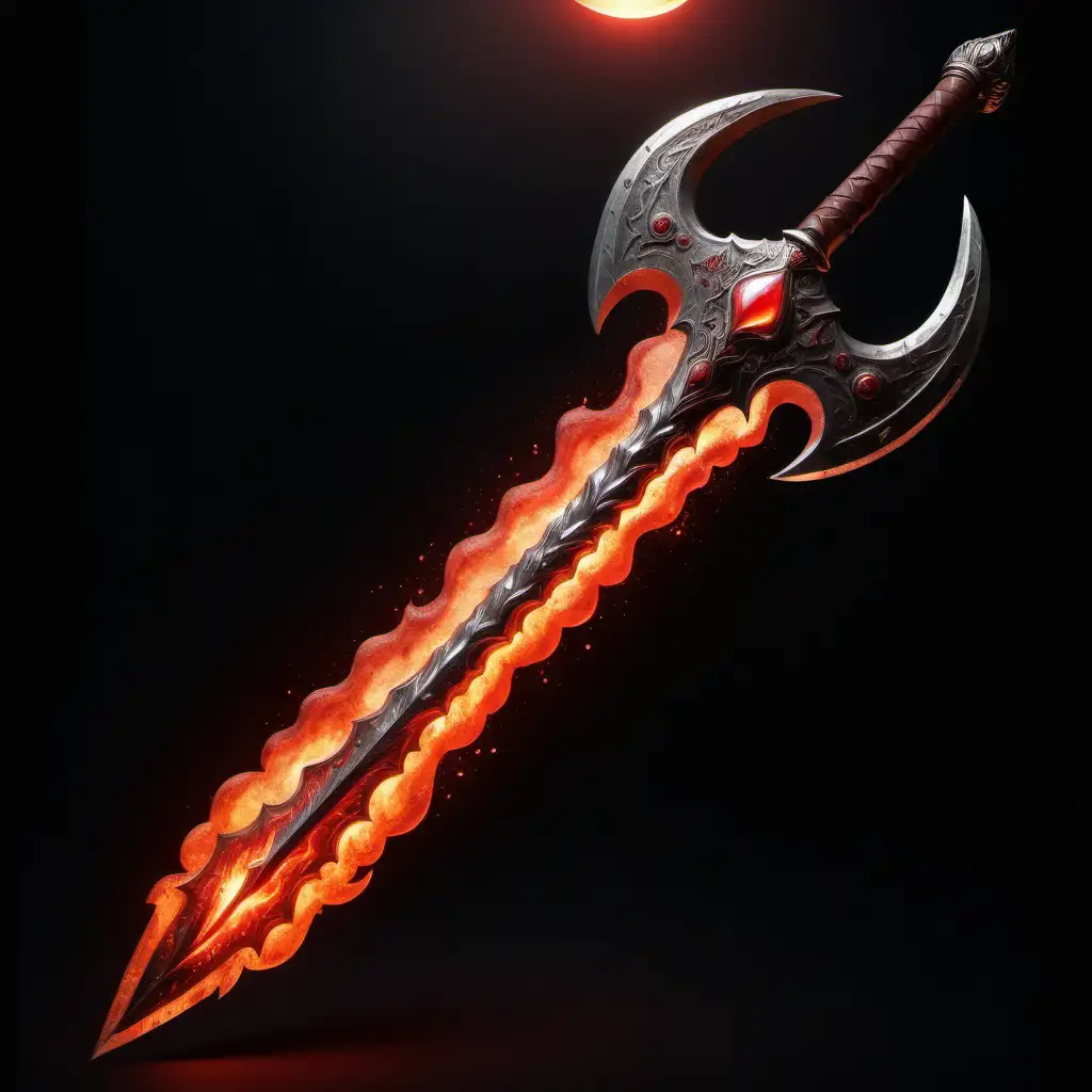 A luminous, two-handed double sided polearm with an extended shaft that has an axe at one end with an erupting volcano between its head. 
The opposite end is a straight blade with a silver-outlined sun.  The weapon is carmine-colored with crimson flames erupting down its length.