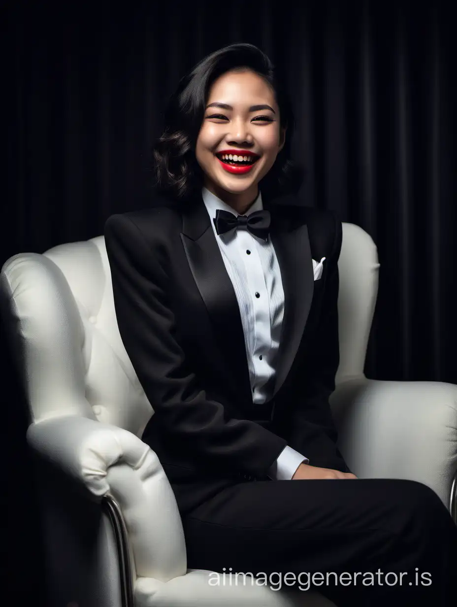 A pretty Malaysian woman with shoulder length hair and red lipstick is sitting in a plush chair in a dark room. She is smiling and laughing. She is wearing a tuxedo with (black pants). Her jacket is black and open. Her shirt is white with a black bow tie.