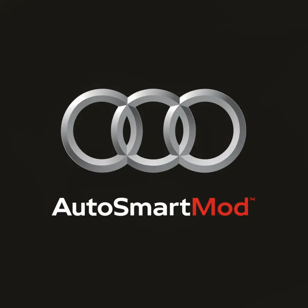 a logo design,with the text 'AutoSmartMod' short 'ASM', main symbol:audi, audi badbge, new audi badge, new audi logo, audi logo font,Moderate,be used in Automotive industry,clear background