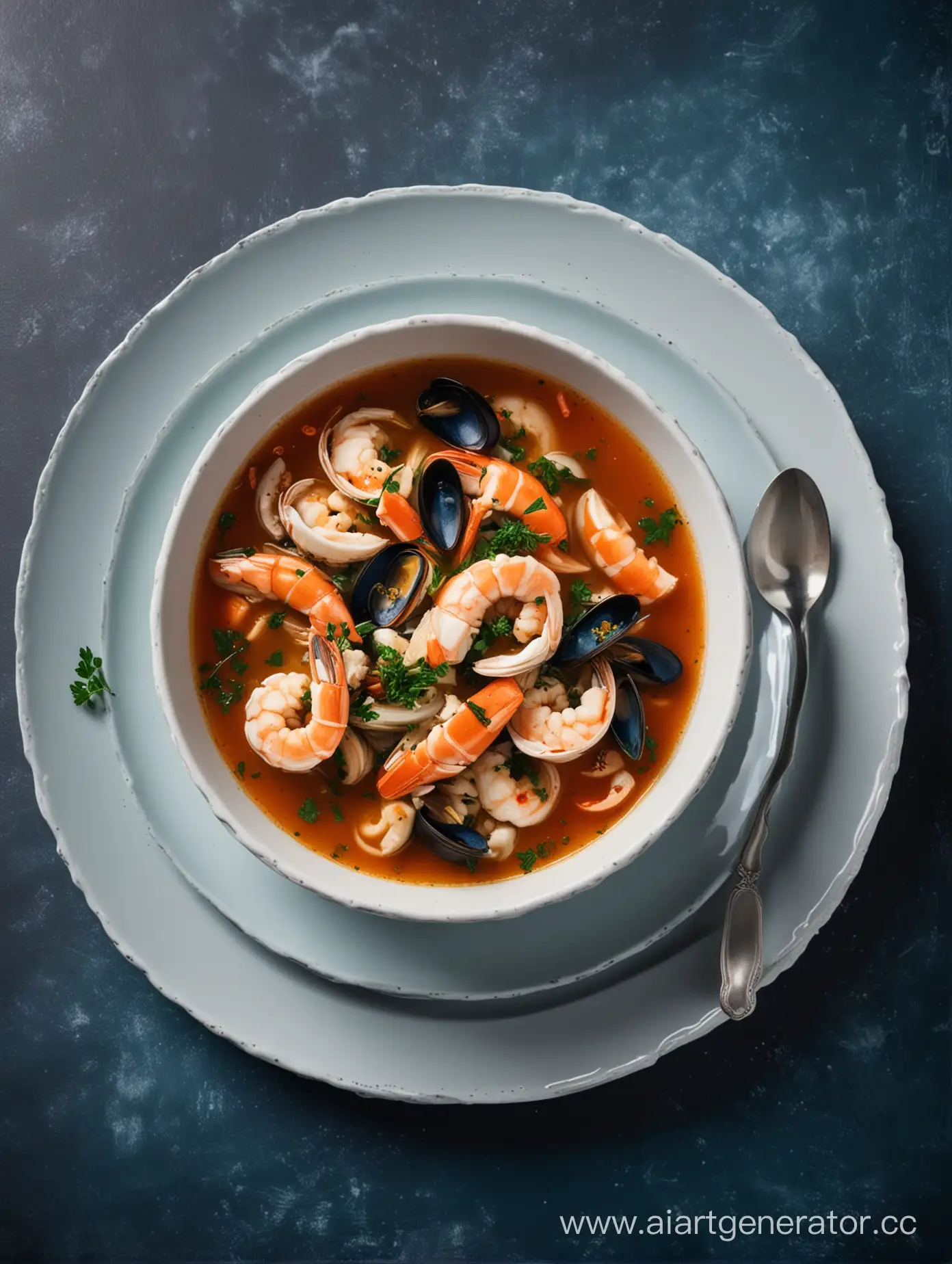 Seafood-Soup-in-Elegant-White-Plate-on-Dark-Blue-Background