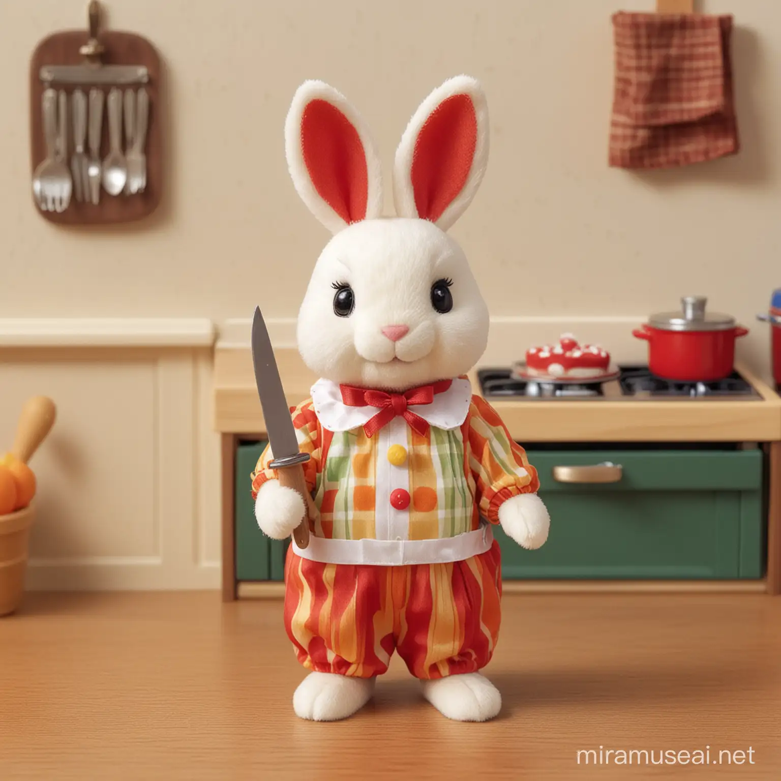 “a toy bunny wearing a clown costume, holding a kitchen knife, in the style of calico critters”