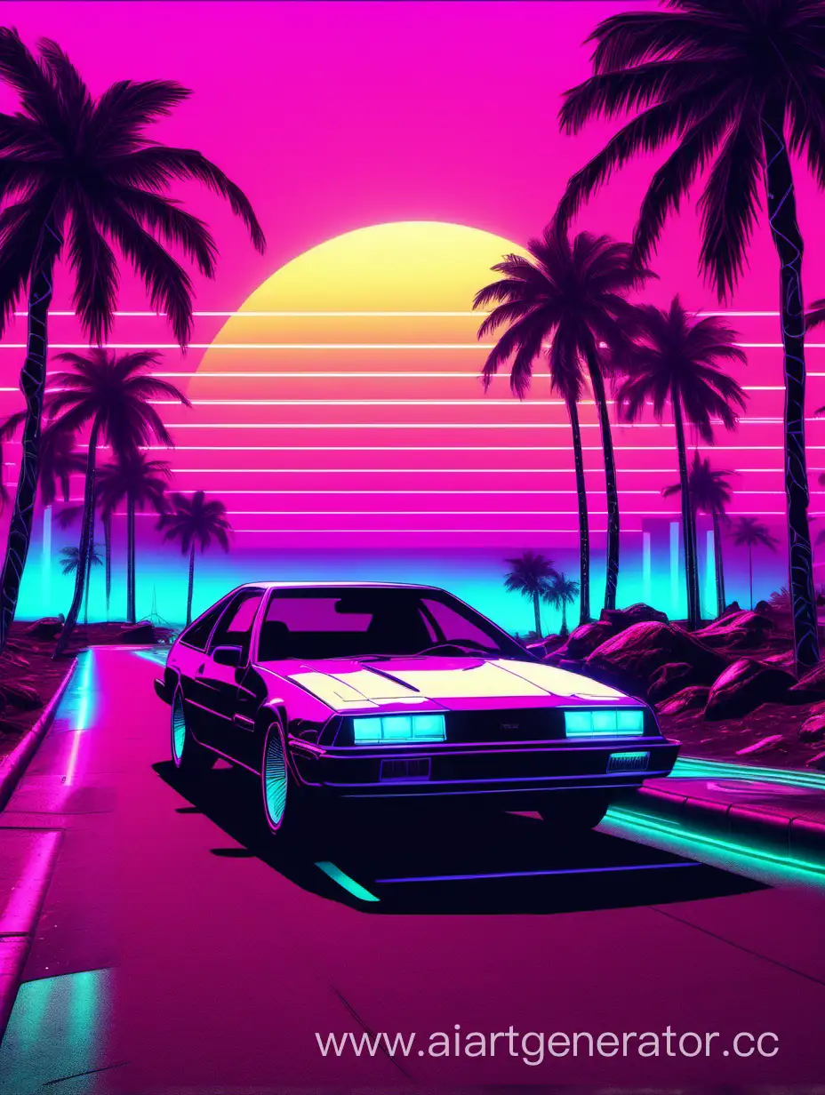 retrowave with car and palms, 4k, 1080p, RTX, DLSS, resolution, hypereal, 1920x1080