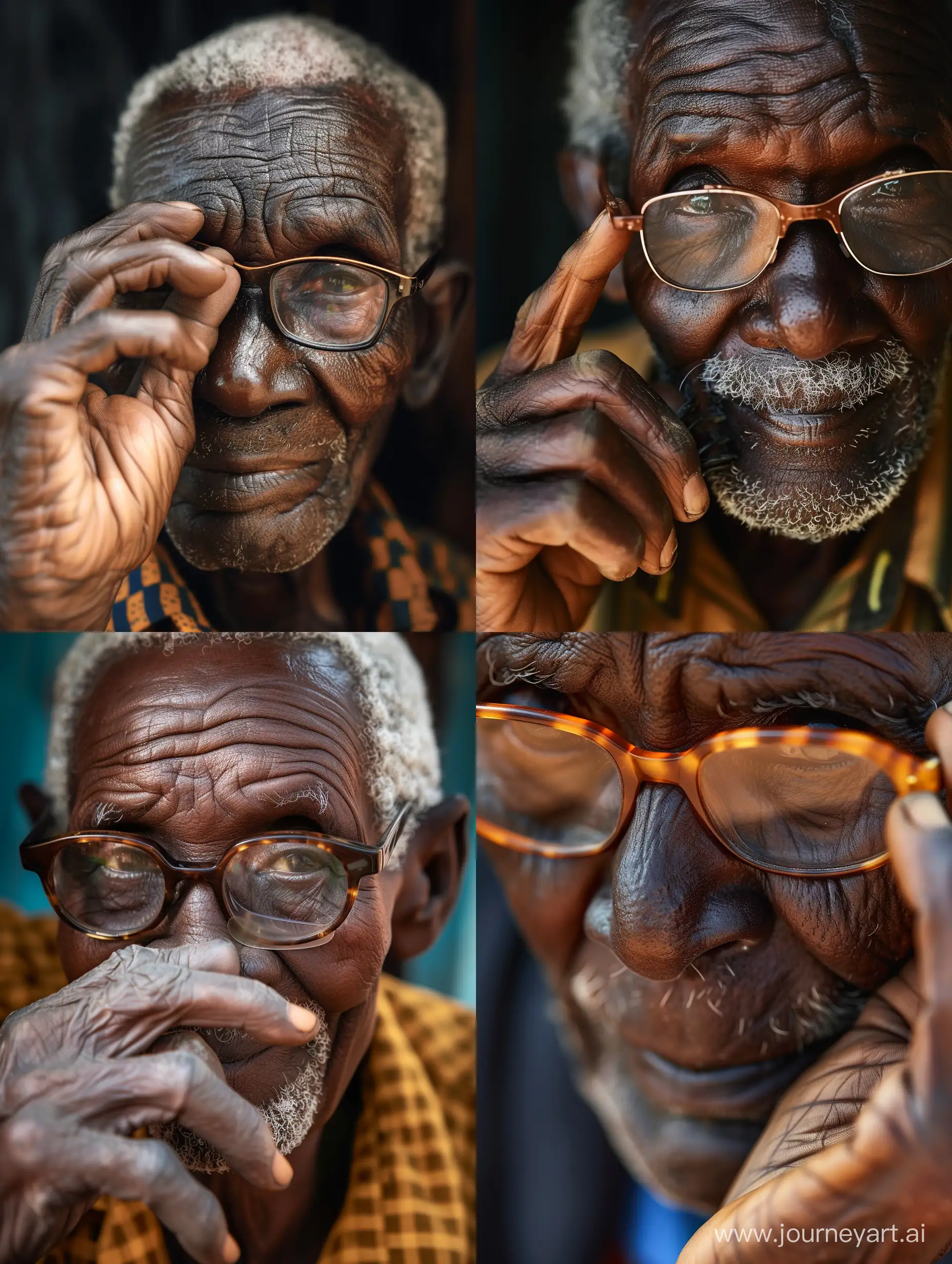 Detailed hand of an old African man adjusting his glasses
