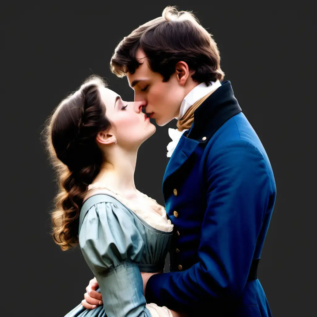 1815 Upper Class British woman, brown hair, wearing an empire waist dress, eighteen years old, in love. Kissing an upper class British gentleman mid-twenties, with a strong jaw line, dark brown hair, blue eyes, in a frock coat