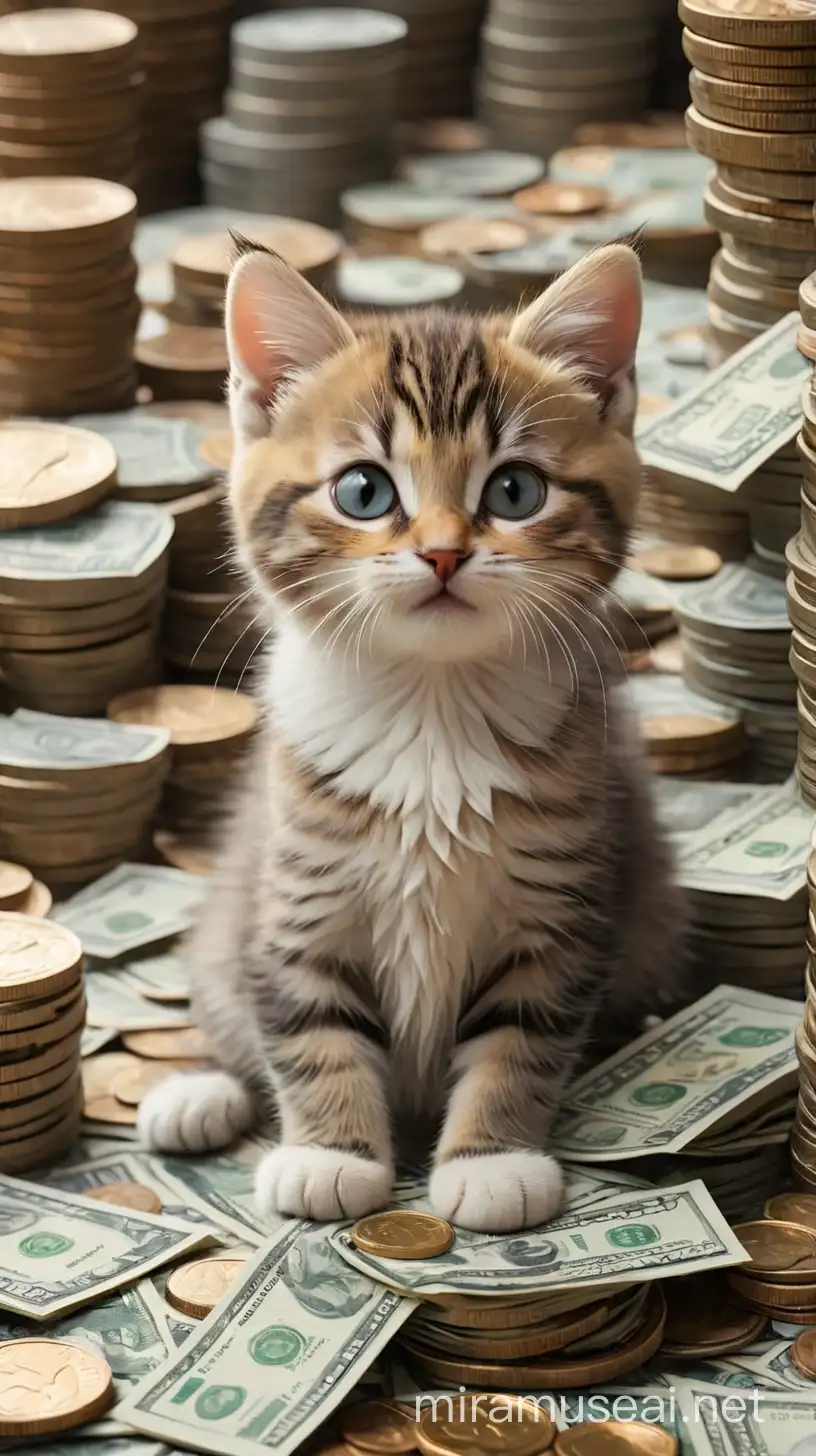 堆成山的纸币和金币的背景，快乐的，富豪小猫咪