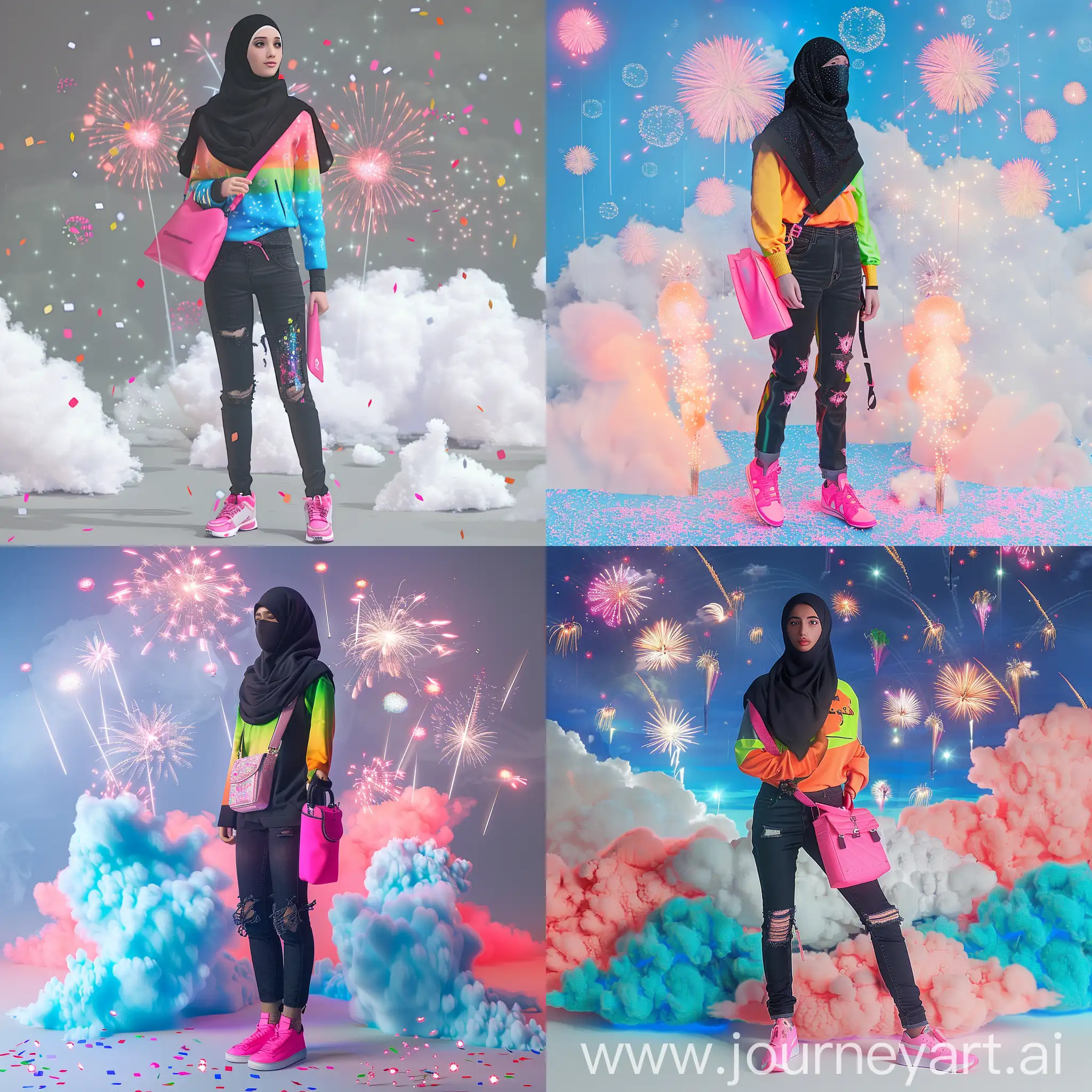 Generate a highly detailed, ultra HD image,   girl wearing a black hijab, wearing a pink side bag, wearing bright colored Muslim clothes, black jeans, pink sports shoes. Gives a cinematographic effect, momotaro, pastel colors, lots of fireworks, fluffy clouds around her   with extreme realism and clarity in the facial features. The shot should be a full-body view, capturing every intricate detail.