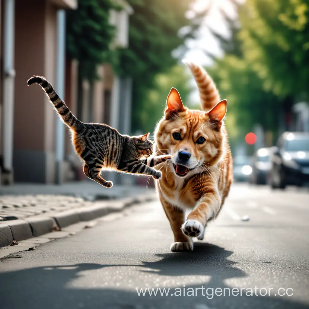 Dynamic-Street-Chase-Energetic-Dog-and-Crafty-Cat-with-Fresh-Catch