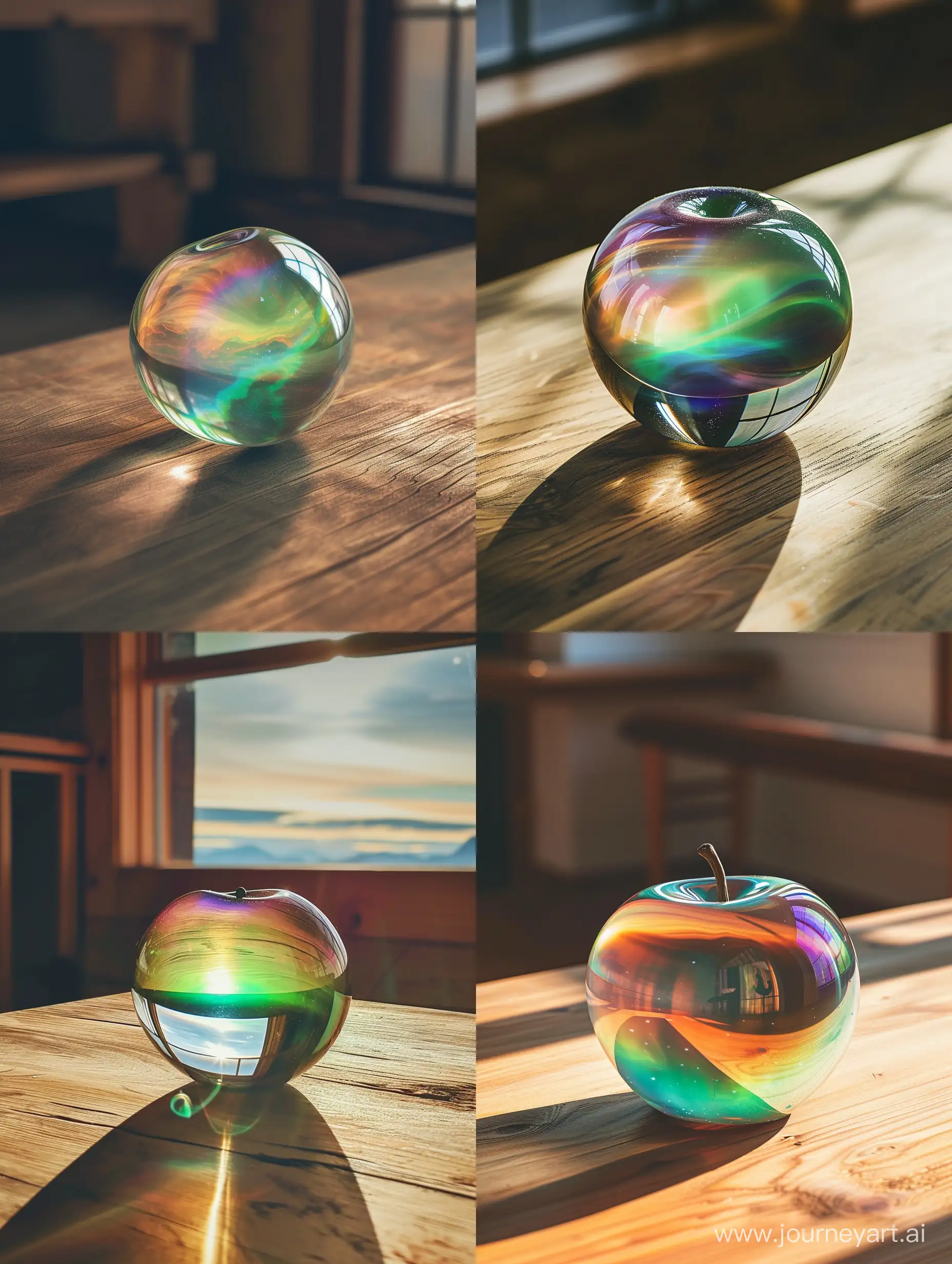 A glass apple on a wooden table, filled with the colors of the aurora borealis. The apple is perfectly round and smooth, and it has a slight green tint. The wooden table is simple and unfurnished, and the only light comes from a small window. Dynamic. 