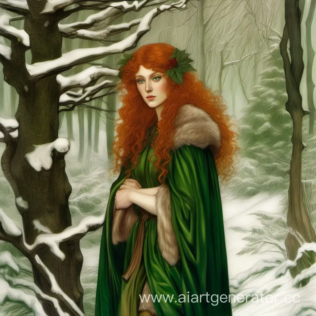 Female elf druid in fur winter clothes, curly ginger hair, bright skin, green eyes, calm atmosphere, winter forest in the background, by Dante Gabriel Rossetti