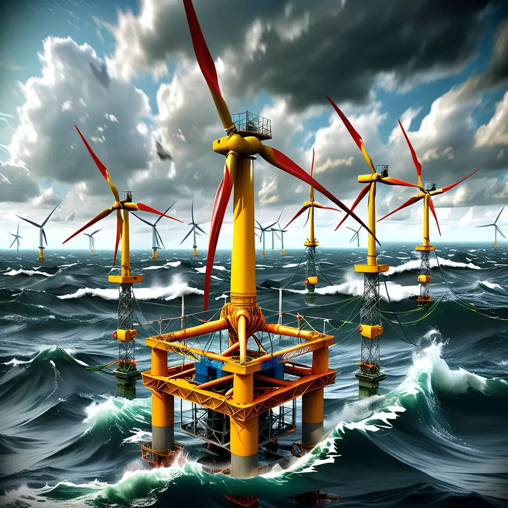 Create a realistic image of a triangular floating offshore wind turbine platform with 3 large wind turbines in rough seas with the subsea cables being visible underwater extending towards the seabed and then towards the mainland as well as 3 anchoring chains