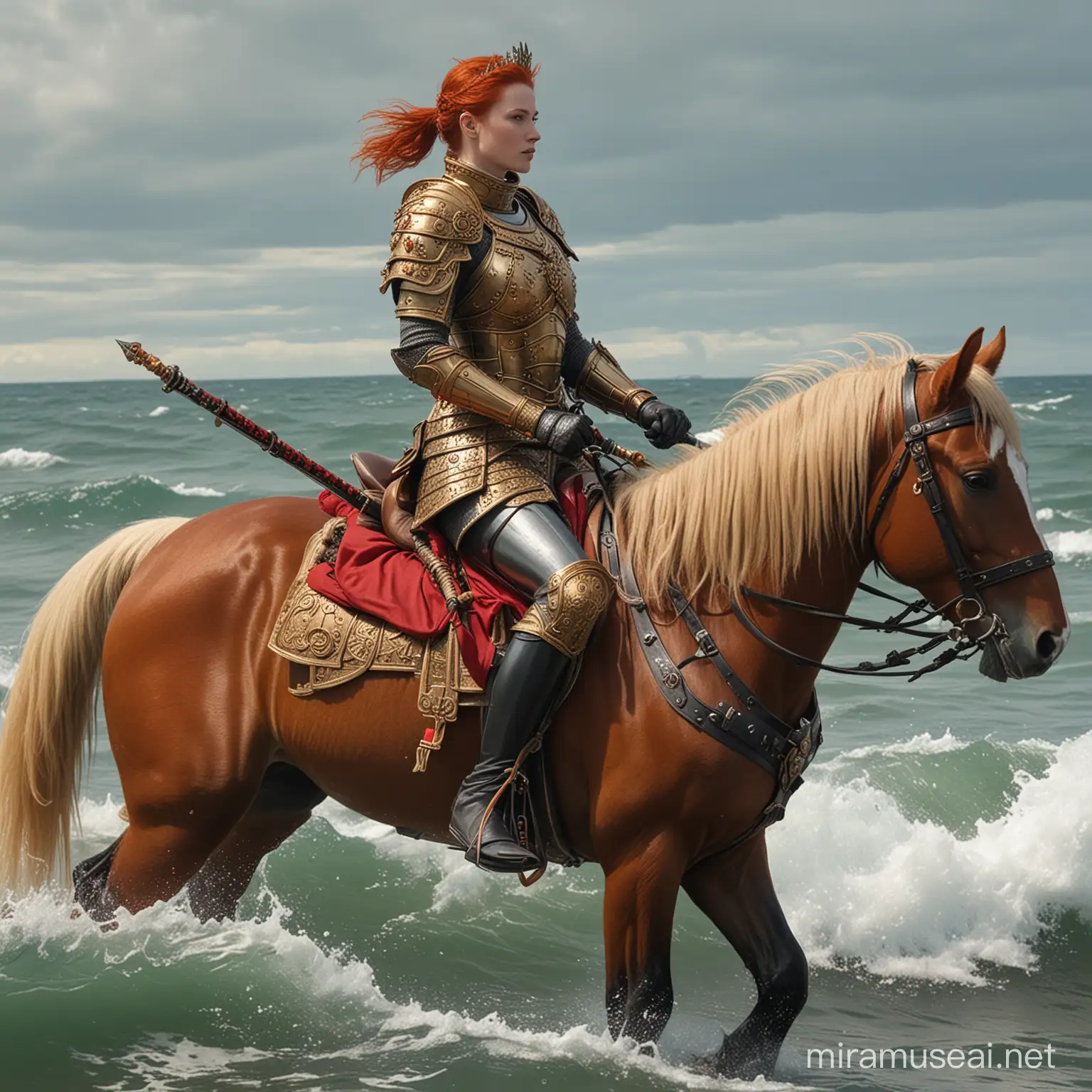 the red-crowned queen is on her horse, wearing her armour and watching her pilots in the sea with her sword  