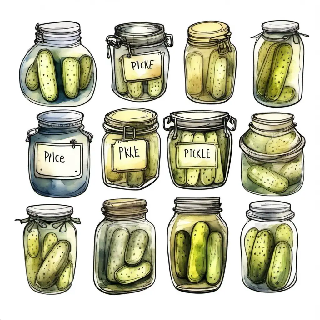 cartoon hand sketch watercolor doodle sketch of pickle jars with labels