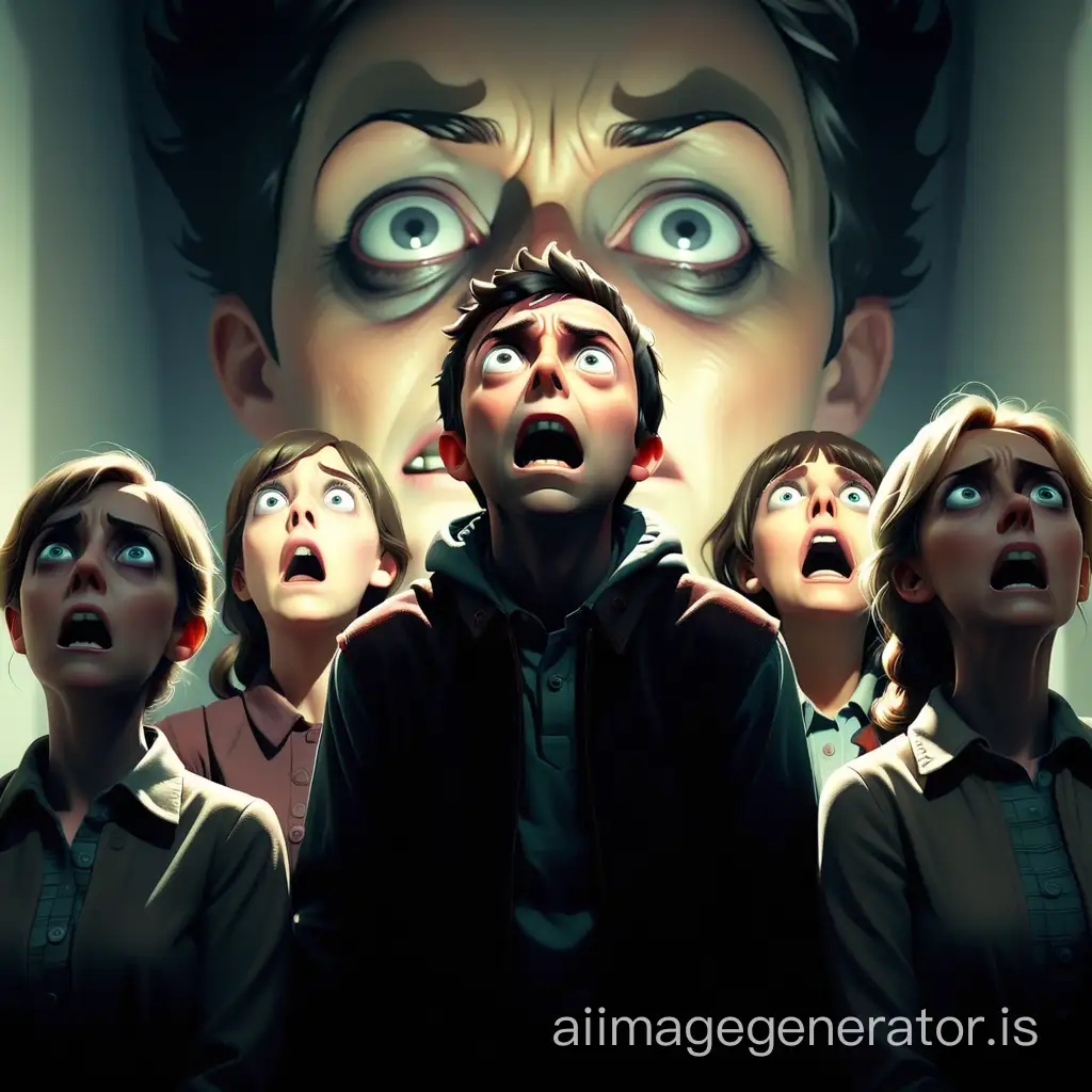 close up of a group of people staring up in horror with a giant shadow covering them