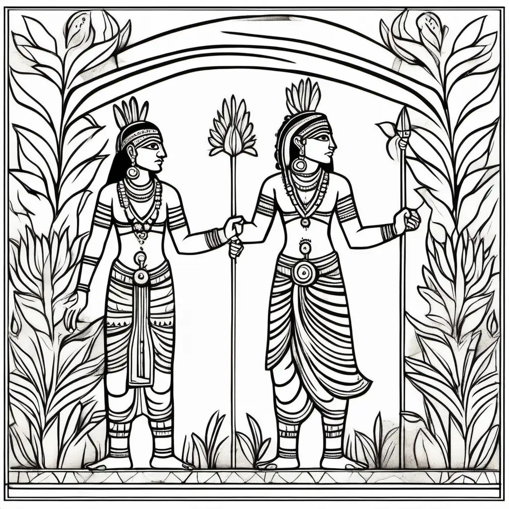 Two Elegant Ancient Indian Flowers in Mural Painting Style