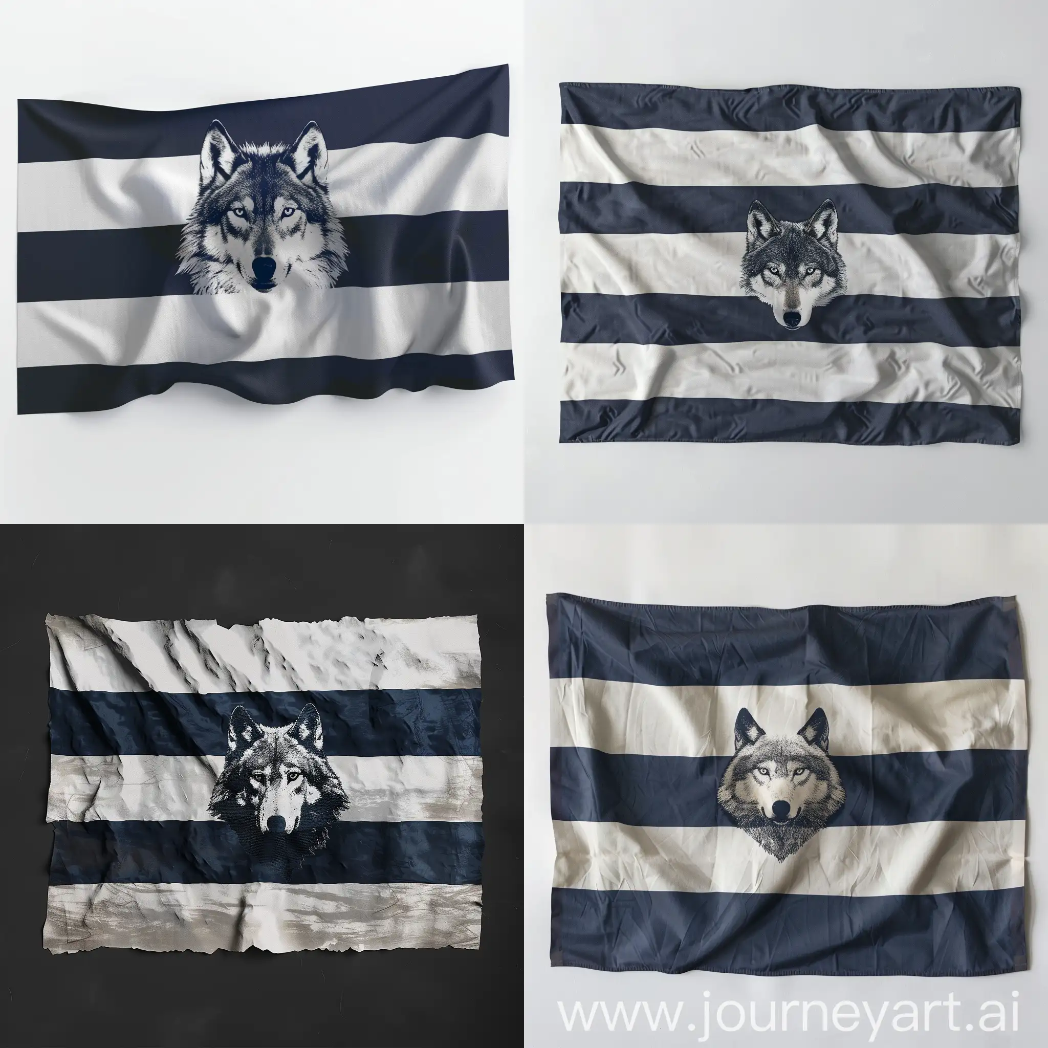 A waving flag with 3 horizontal stripes. The first one is white. The middle one is dark blue. The bottom one is white. In the middle of the flag, a wolf face is ingrained in the flag fabric.