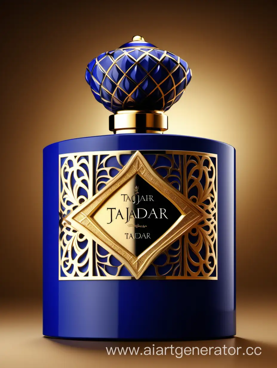Luxurious-Perfume-Box-Design-Elegant-TAJDAR-Product-in-Gold-Royal-Blue-and-Beige
