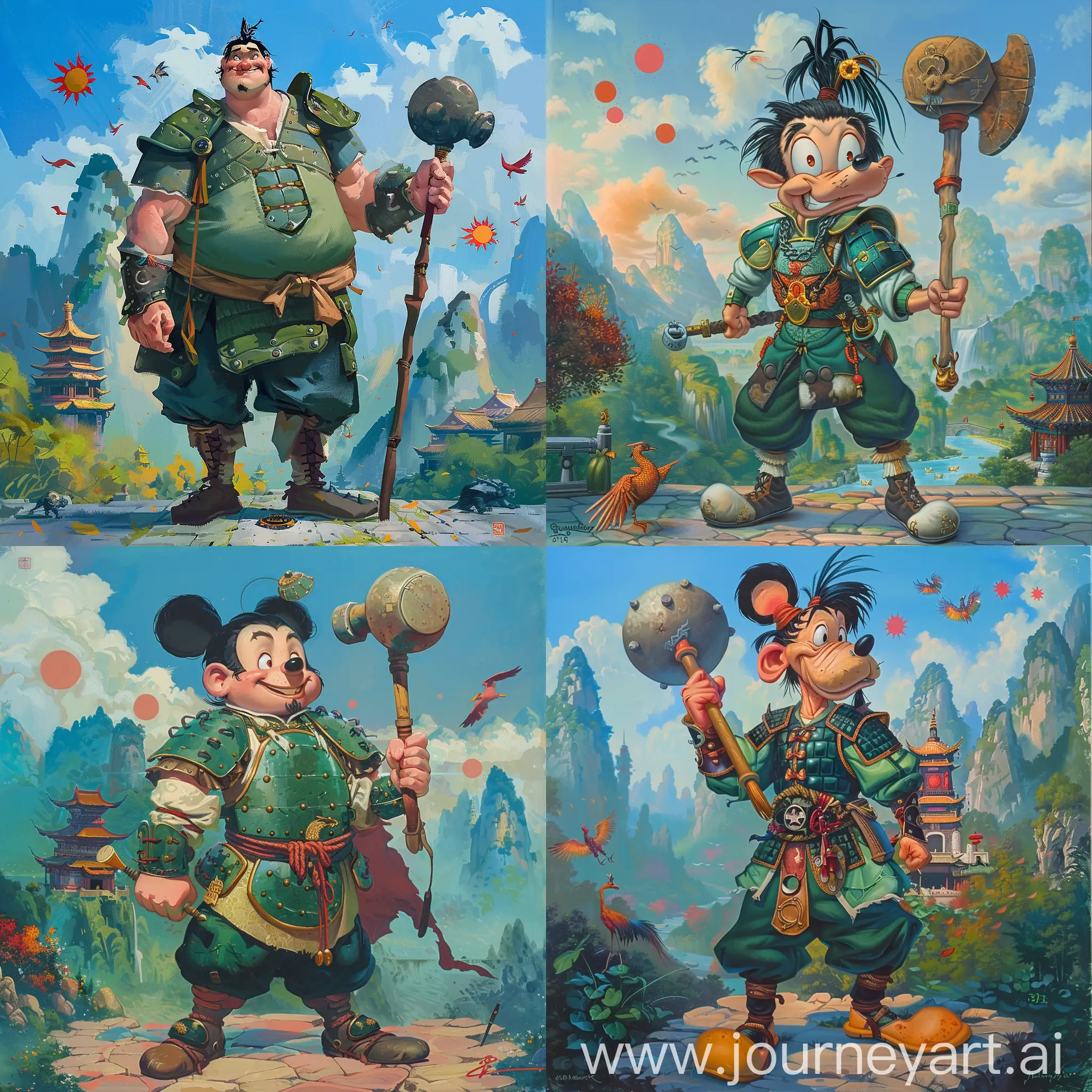 Historic painting style:

a Disney sincere and friendly  Quasimodo, from the Hunchback of Notre Dame cartoon, he has Chinese medieval Ming Dynasty hair style, he wears deep green and light green color Chinese style medieval armor, dark soil color pants and shoes, he holds a Chinese round war hammer in right hand, 

Chinese Guilin mountains and temple as background, small phoenix and three small red suns in blue sky.