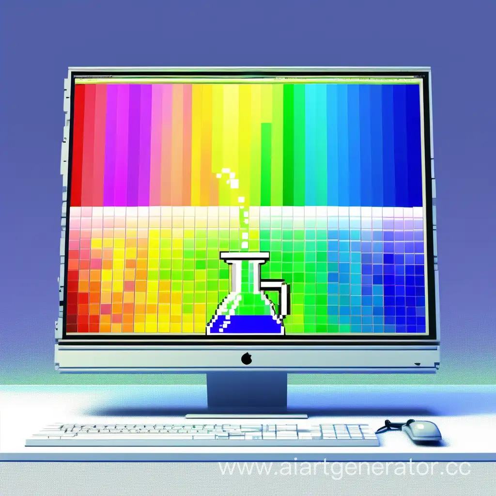 сгенерируй пиксельную картинку где стоит монитор на экране которого на весь экран расположен радужный градиент и его сверху поливают из лабороторной колбы кислотно-зеленым цветом
