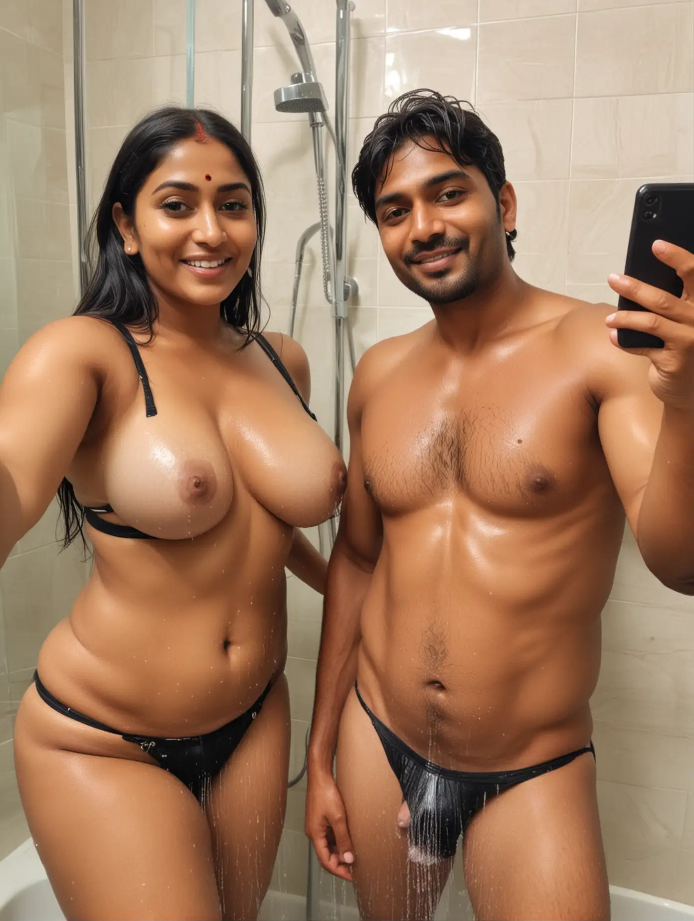Generate image of a 40 year old very busty and curvy Indian woman and her male boyfriend taking shower and taking selfie with a mobile phone
