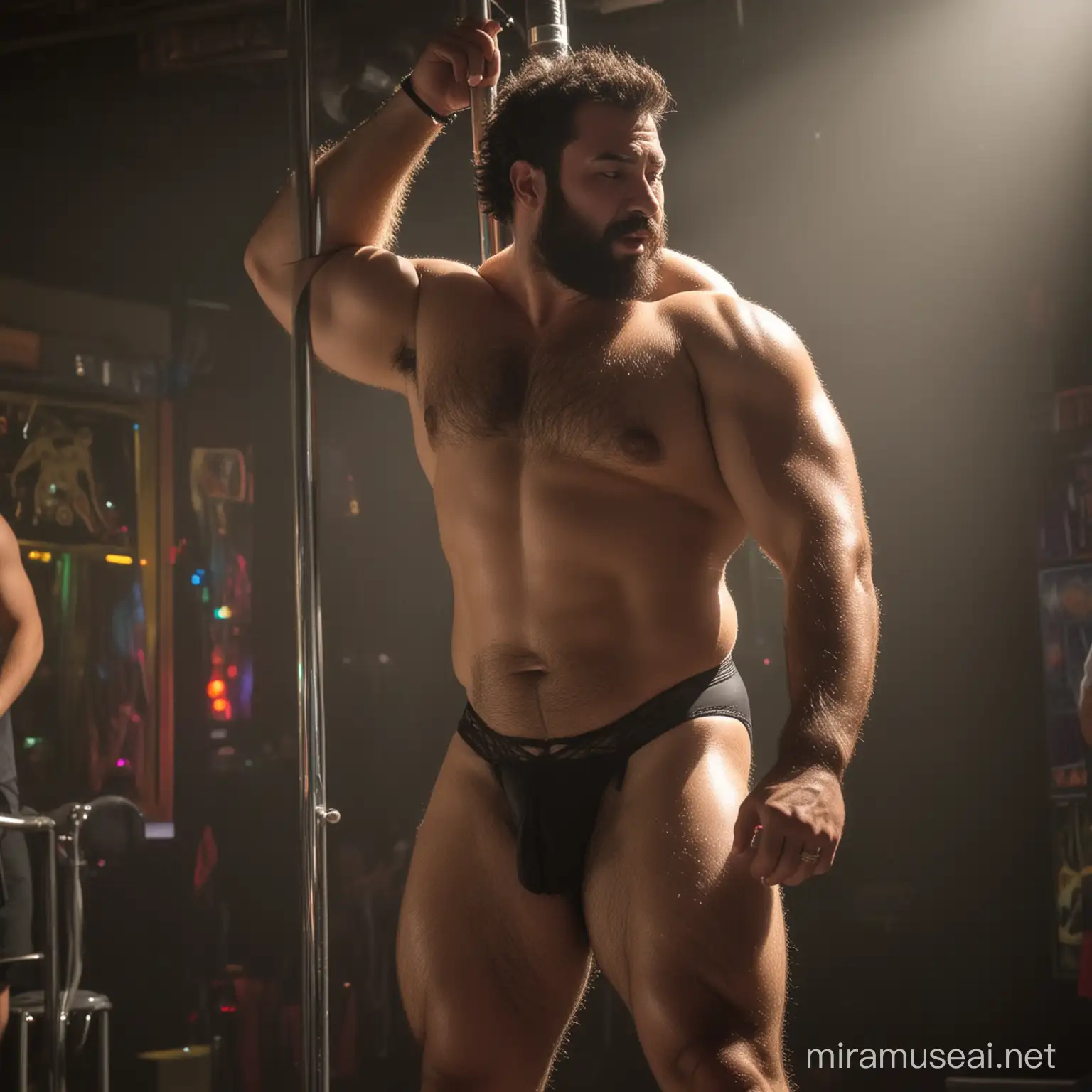 A hot, very hairy, muscular, overweight, Hispanic gay bear, in a black thong, dancing on a pole in the dimly lit atmosphere of a gay club.

