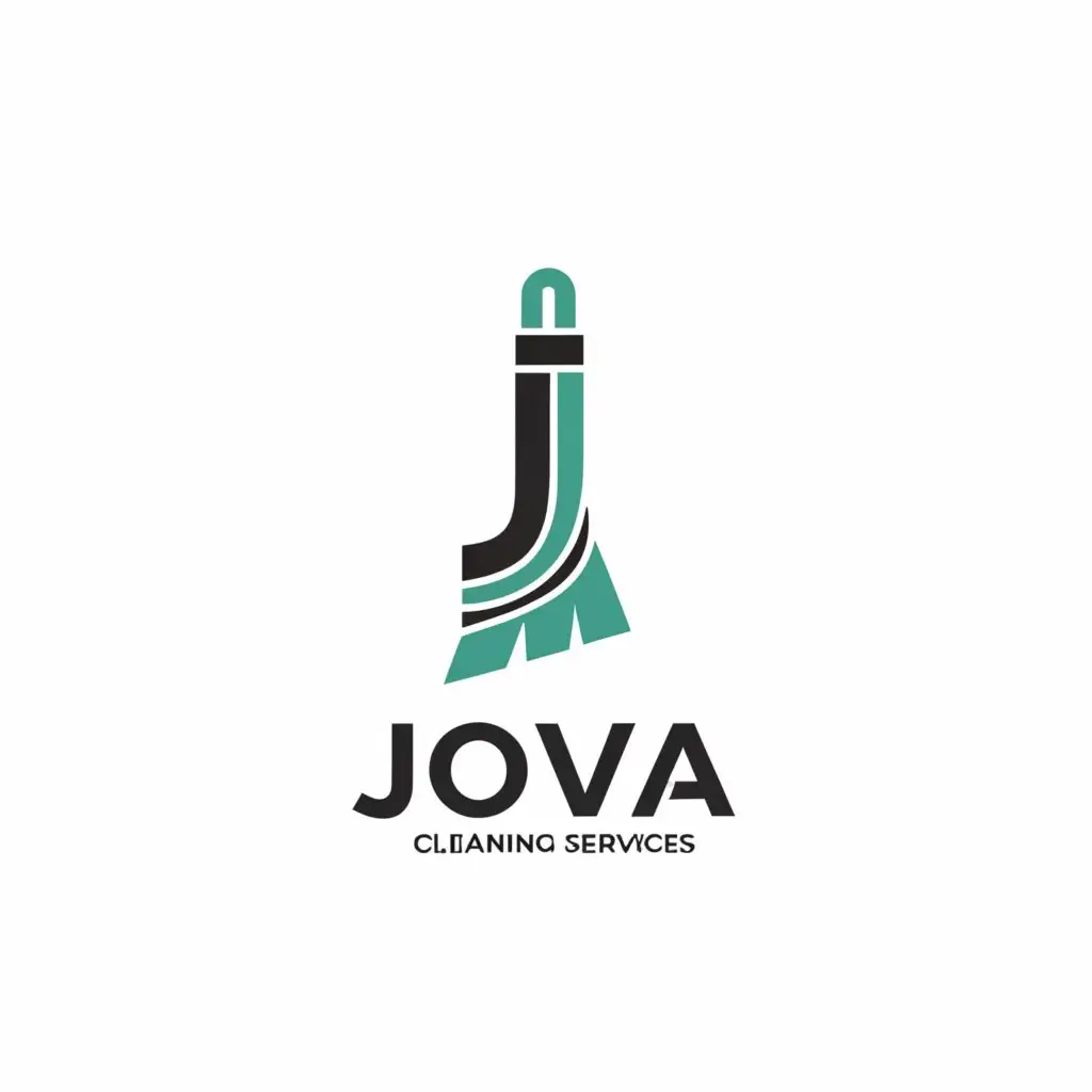 a logo design,with the text "Jova Cleaning Services", main symbol:Image of a sleek, stylized broom with the bristles forming the letter "J" and the handle extending to form the rest of the company name "Jovanovic Cleaning Services" underneath. The color scheme could be a combination of deep blue and clean white to convey professionalism and cleanliness,Moderate,clear background