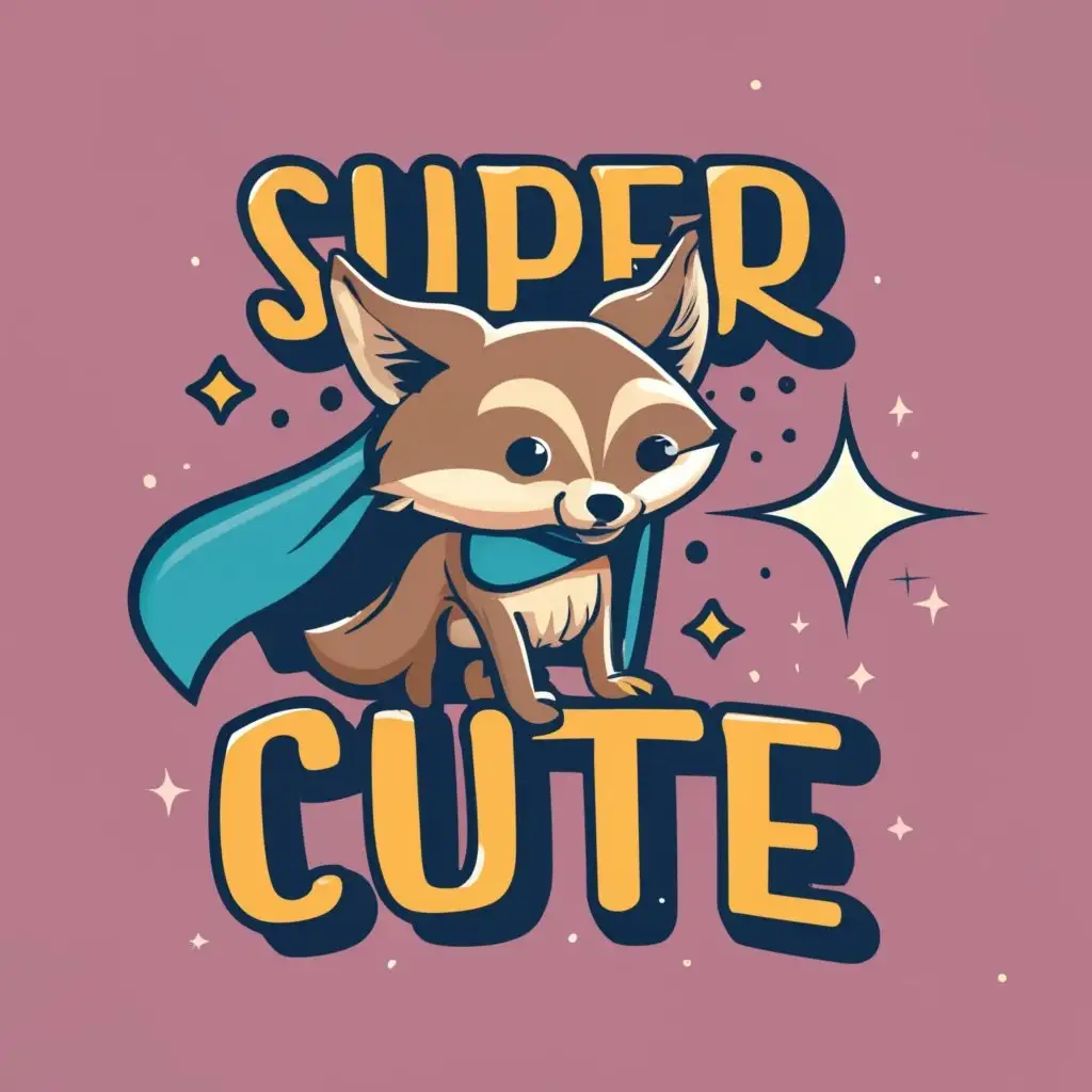logo, "Super Cute" in cute typography, with a cute coyote wearing a cape, with the text ""Super Cute"", typography, be used in Entertainment industry