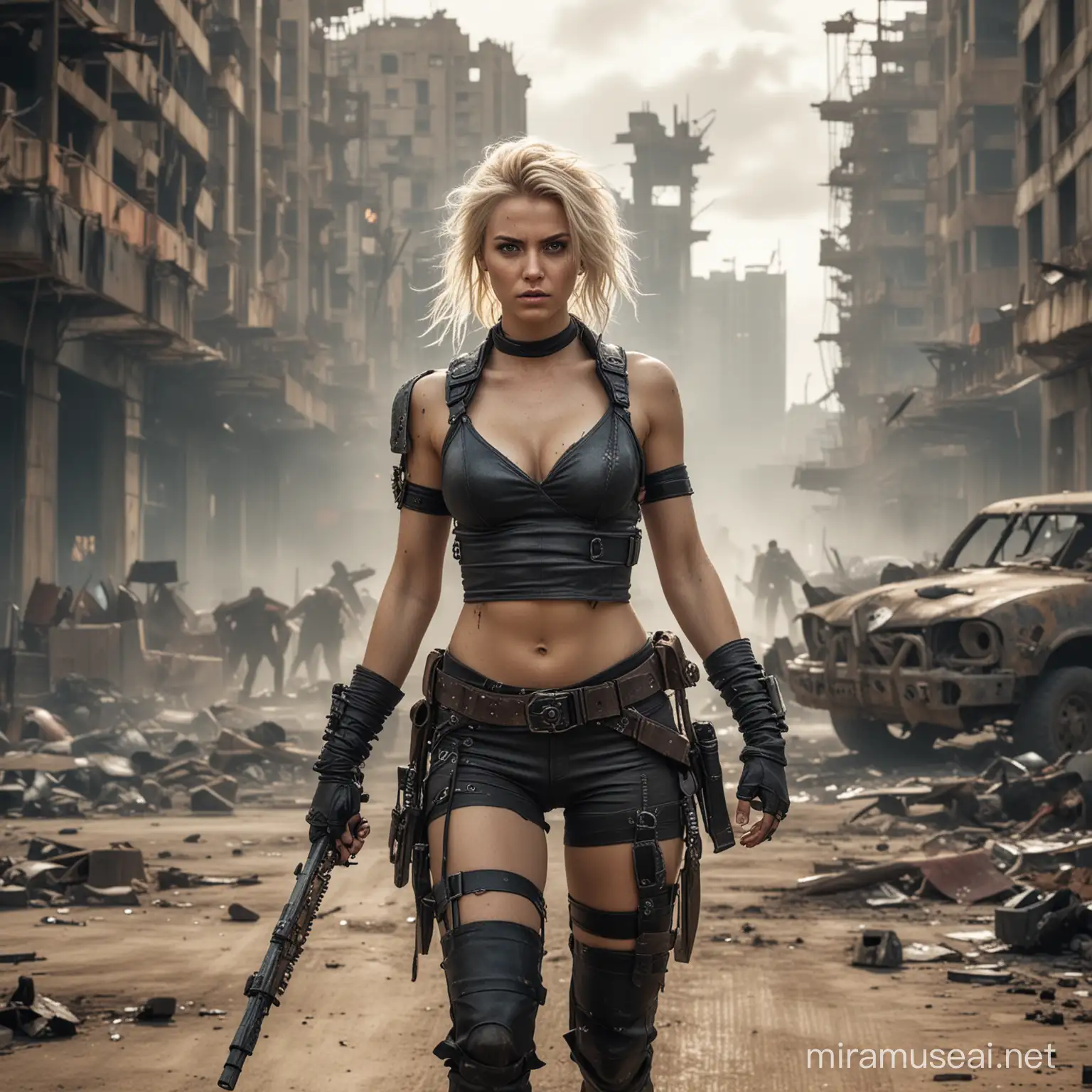   beautiful blond woman in a mad-max outfit fighting  against  zombie in a post-apocalyptic world, The location is a cyberpunk city with ruined skyscrapers.  8k uhd, dslr, film grain, Fujifilm XT3, (best quality:1.3), (masterpiece:1.1), high resolution, cinematic light, intricate details, (photorealistic)

 
