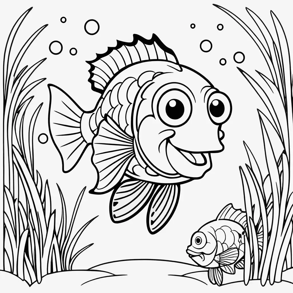 Create a coloring book page for 1 to 4 year olds. A simple cartoon cute smiling friendly faced X ray fish and its friendly faced parents with bold outlines in their native enviroment. The image should have no shading or block colors and no background, make sure the animal fits in the picture fully and just clear lines for coloring. make all images with more cartoon faces and smiling
