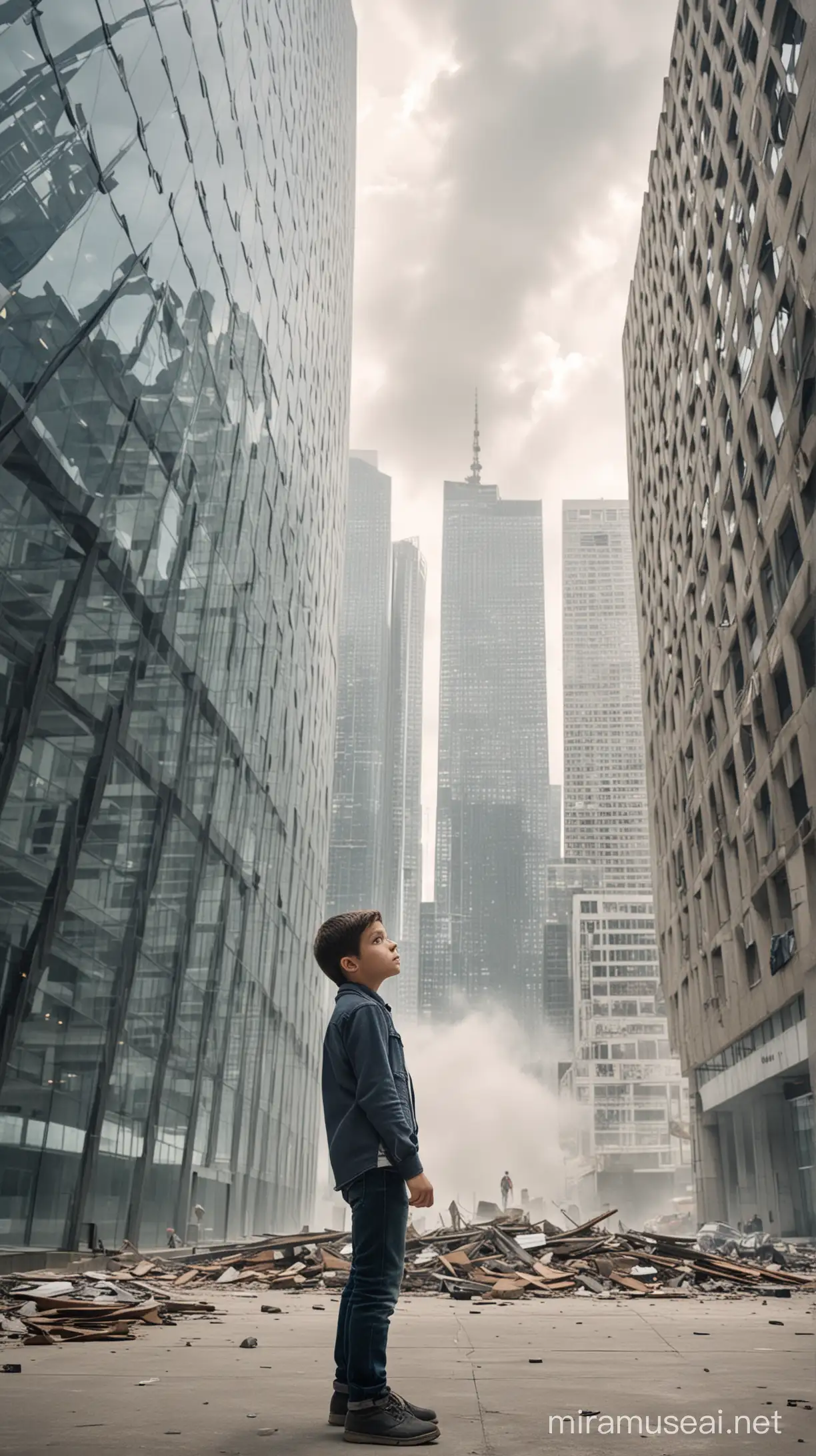 Generate an image depicting a scene where a determined young boy is standing on the ground and looking upwards towards his dream company named "Technovated". The boy is gazing at the towering office building, which is located on the 15th floor of a skyscraper. The building should be depicted in the distance, with the boy positioned in the foreground, symbolizing his aspiration and ambition to join the company someday. The boy's expression should convey a sense of determination and hope as he stares at the building, visualizing his future success and opportunities within "Technovated".