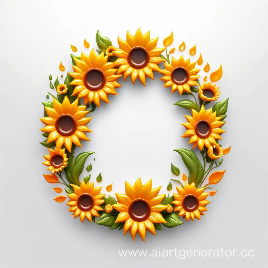 simple icon of a 3D flame border liquid bouquets floral wreath frame, made of border bright Sunflower flowers. white background.