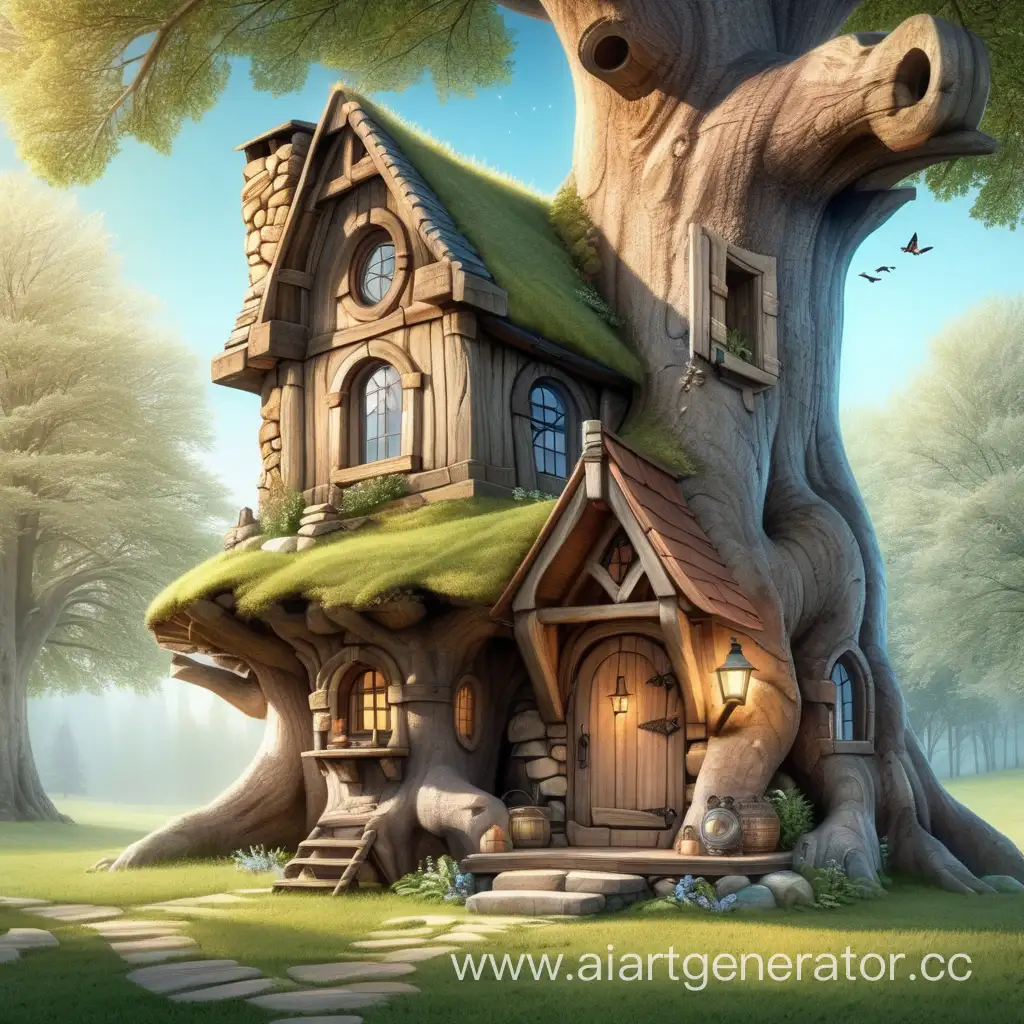 Enchanted-TwoStory-Tree-Stump-House-with-Attic-and-Stone-Chimney