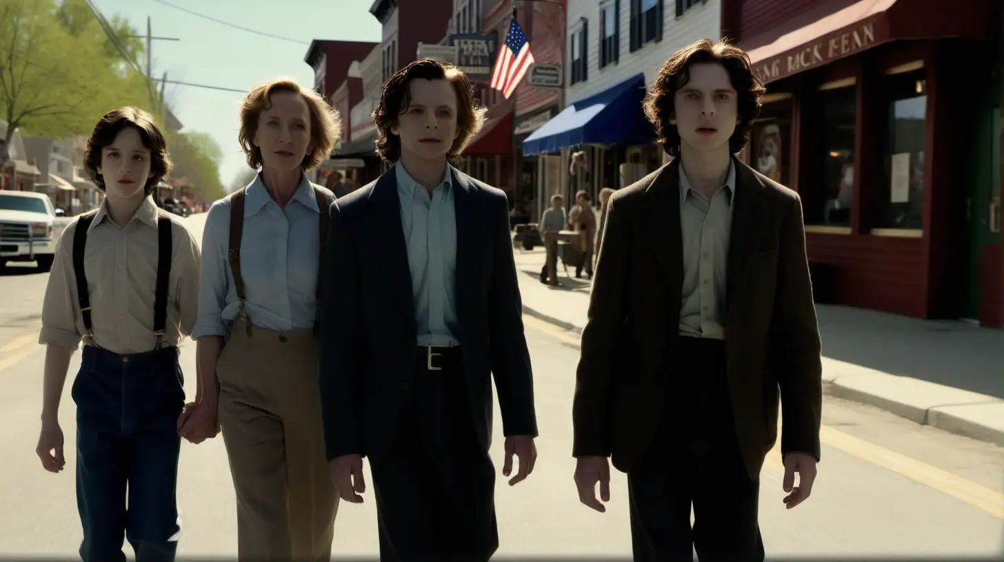 imagine Janet McTeer, Sebastian Stan, Finn Wolfhard, walking down main street in small town America, Normal Rockwell perfect, noon, sunny spring day, clear facial features, cinematic, 35mm lens, f1.8, accent lighting, global illumination, -uplight- v4 -q2