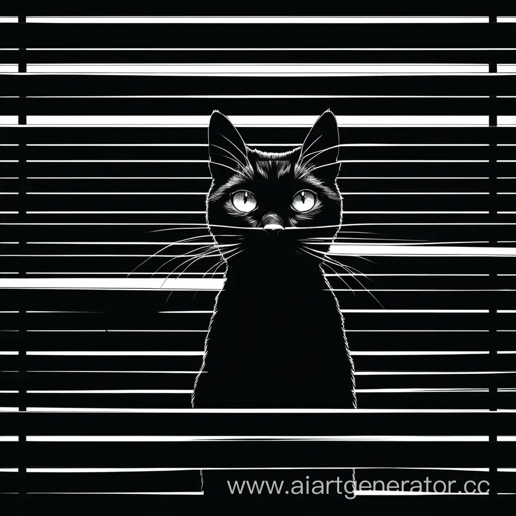 на черном фоне, черная кошка смотрит через жалюзи , стиль нуар 