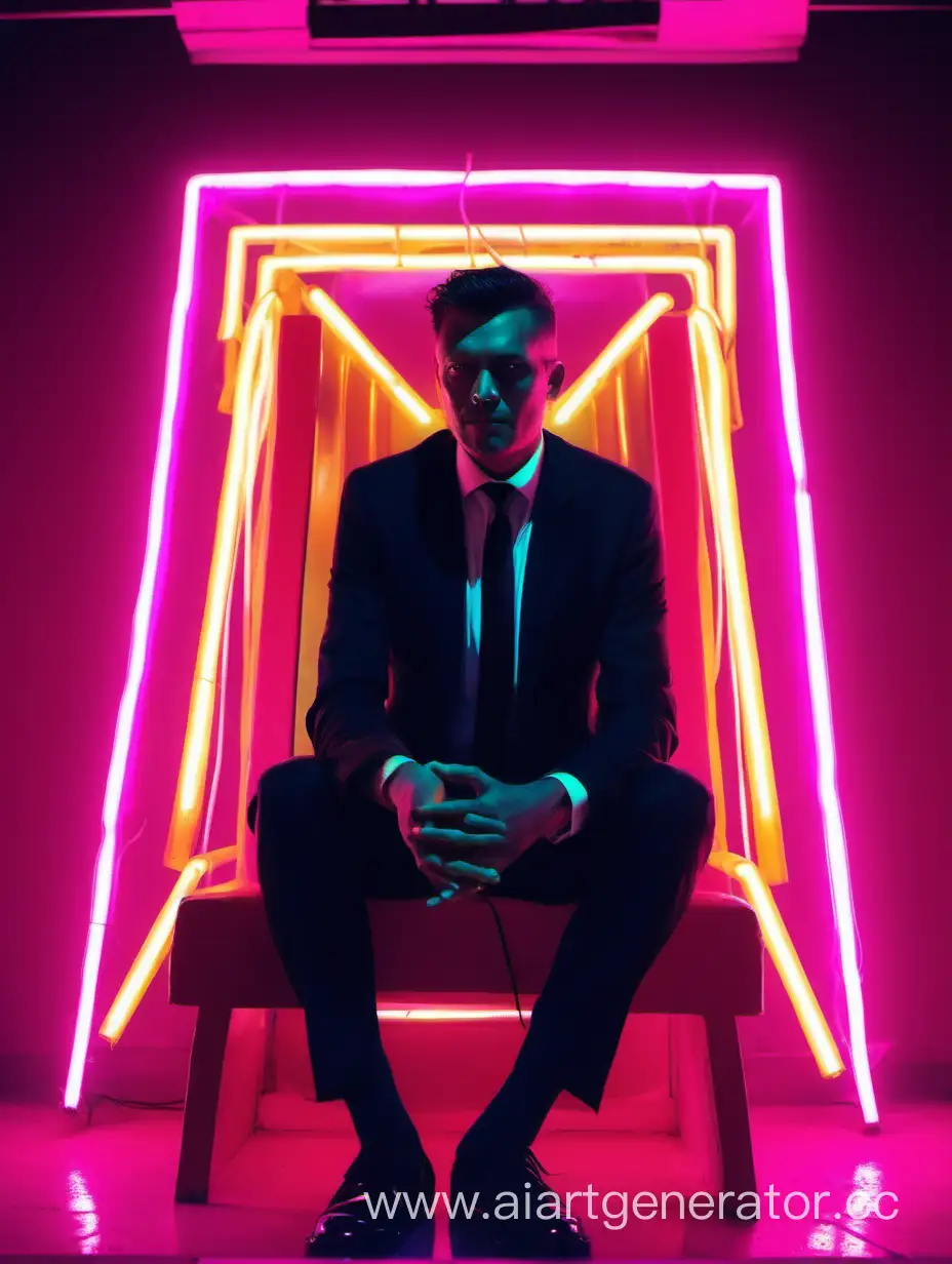Man-in-Black-Suit-on-Neon-Throne-with-Radiant-Rays