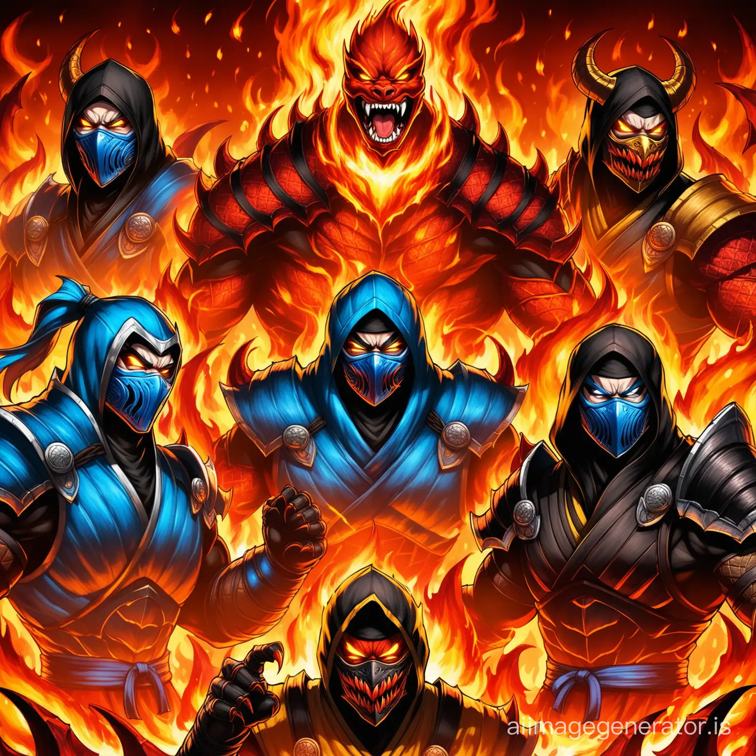 sub-zero, Mortal Kombat, fiery demon-ninja, mask in the form of a roaring mouth with fangs, fiery demon, fiery eyes, covered in fire, burning demon, evil demon, fiery ninja, chitinous armor, lava veins on the armor