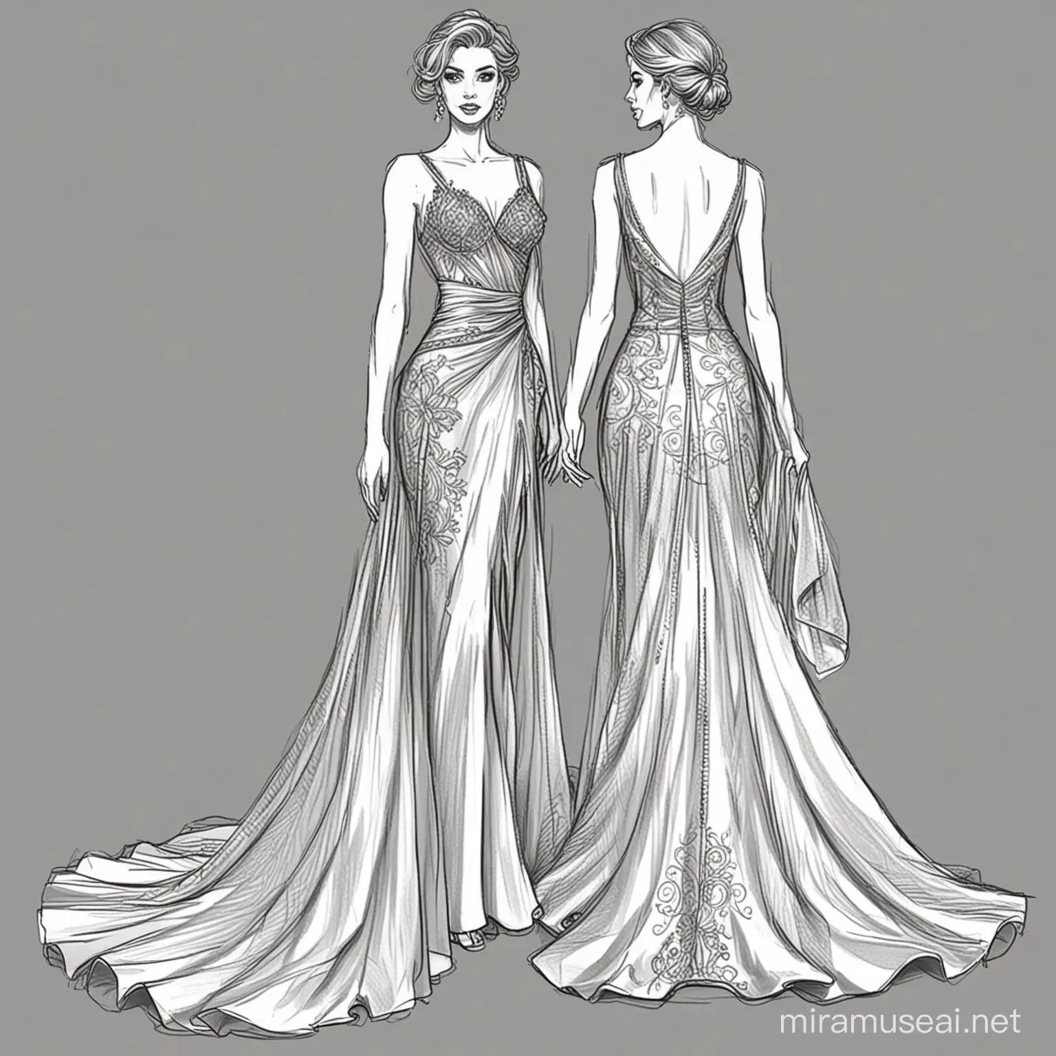 create an evening wear  women dress in fashion illustration in line art 