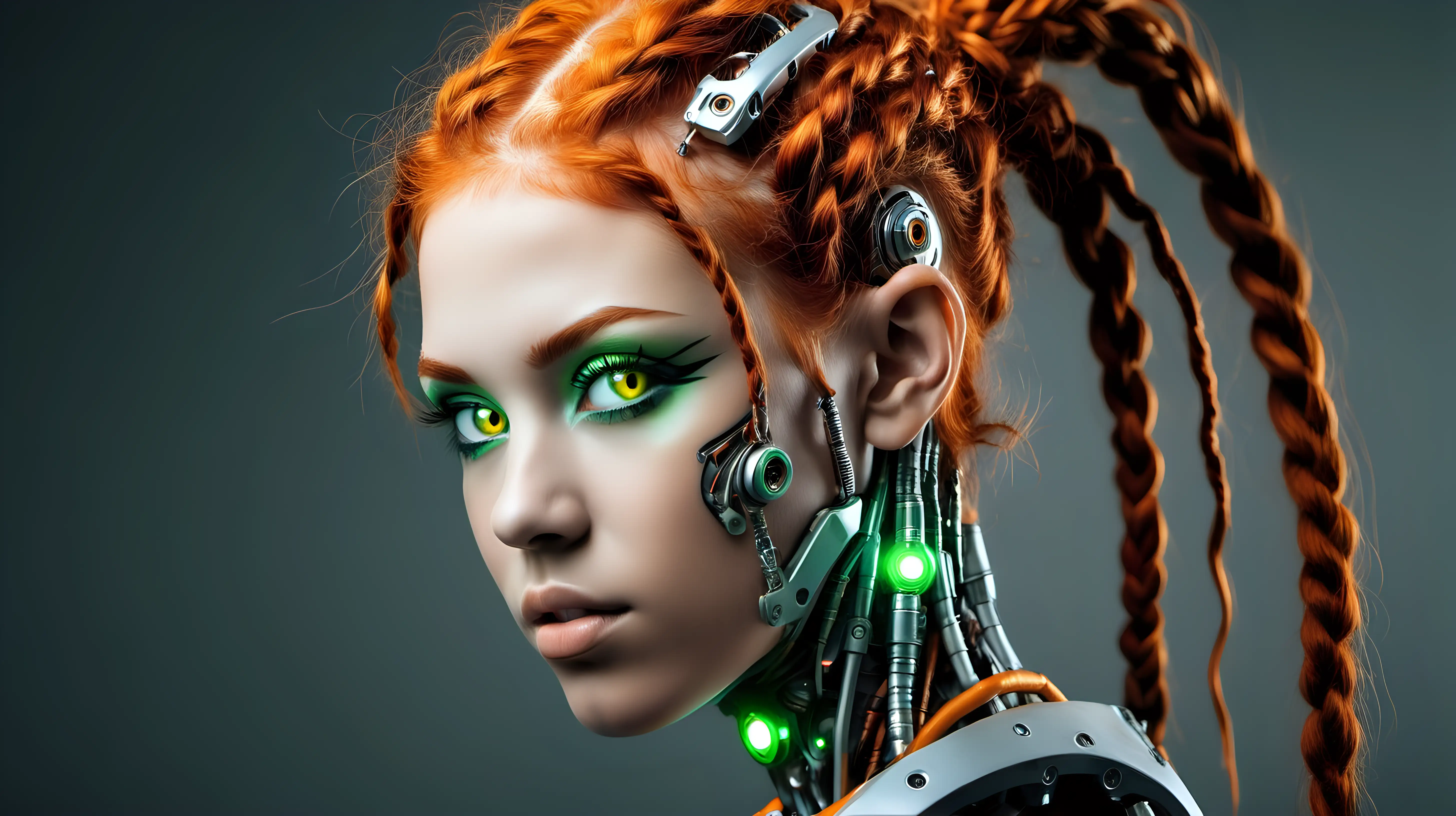 Cyborg woman, 18 years old. She has a cyborg face, but she is extremely beautiful. Orange wild hair, braids, green eyes. 