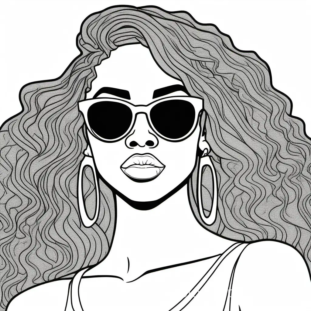 Pretty black women  with sunglasses on, Coloring Page, black and white, line art, white background, Simplicity, Ample White Space. The background of the coloring page is plain white to make it easy for young children to color within the lines. The outlines of all the subjects are easy to distinguish, making it simple for kids to color without too much difficulty