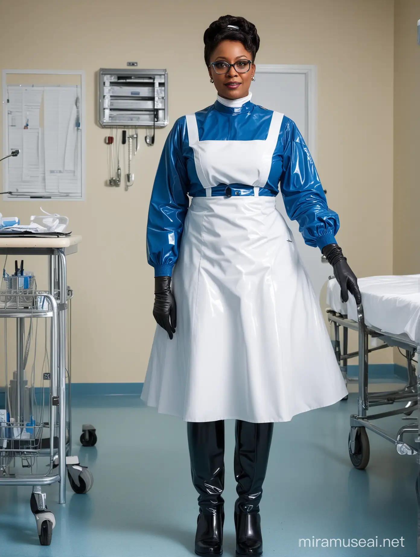 stunningly attractive, glamourous, distinctive, older, mature, black, female nurse, chubby, full figure, in tight, high neck, fully fastened,  thick blue latex, Victorian nurses uniform, shiny white latex apron, long pleated skirt, boots, gloves, glasses, aura of supremacy, in sadistic mood, standing with colleagues, in a hospital,